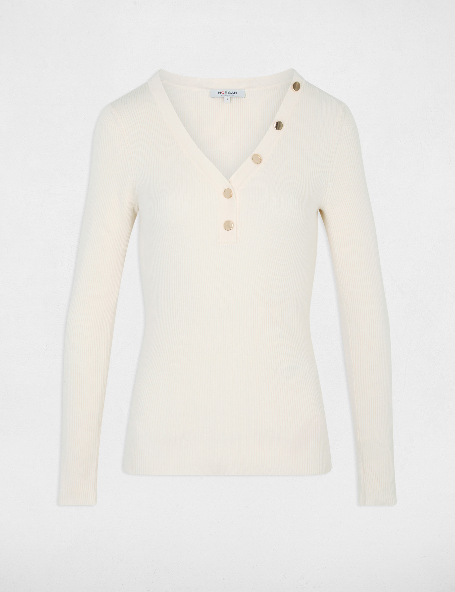 Jersey ajustado con cuello en V marfil mujer
