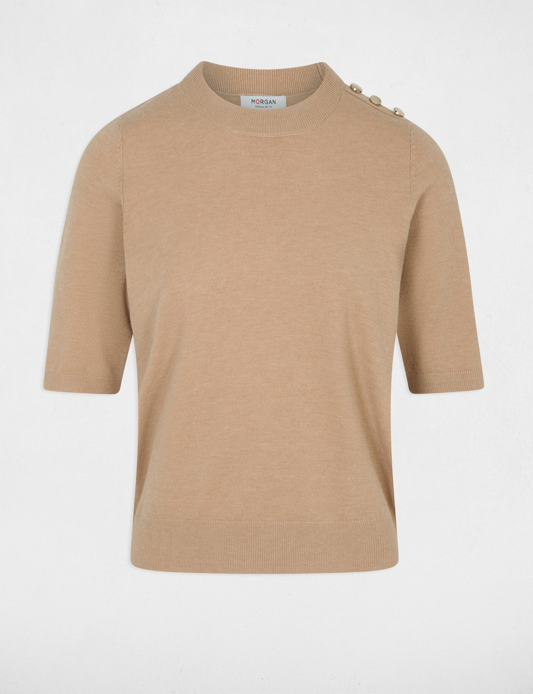 Jersey cuello redondo mangas cortas beige mujer