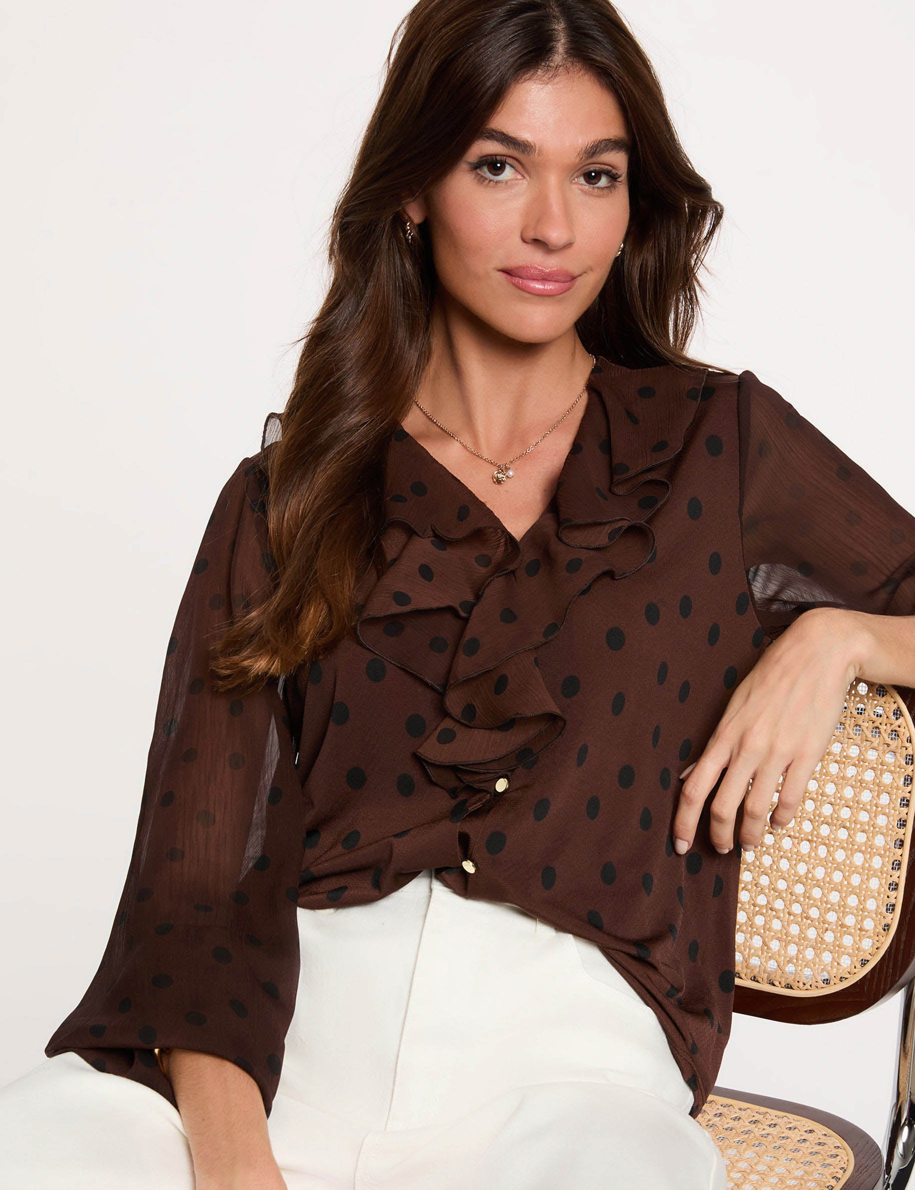 Blusa de gasa con cuello en v marr&oacute;n oscuro mujer