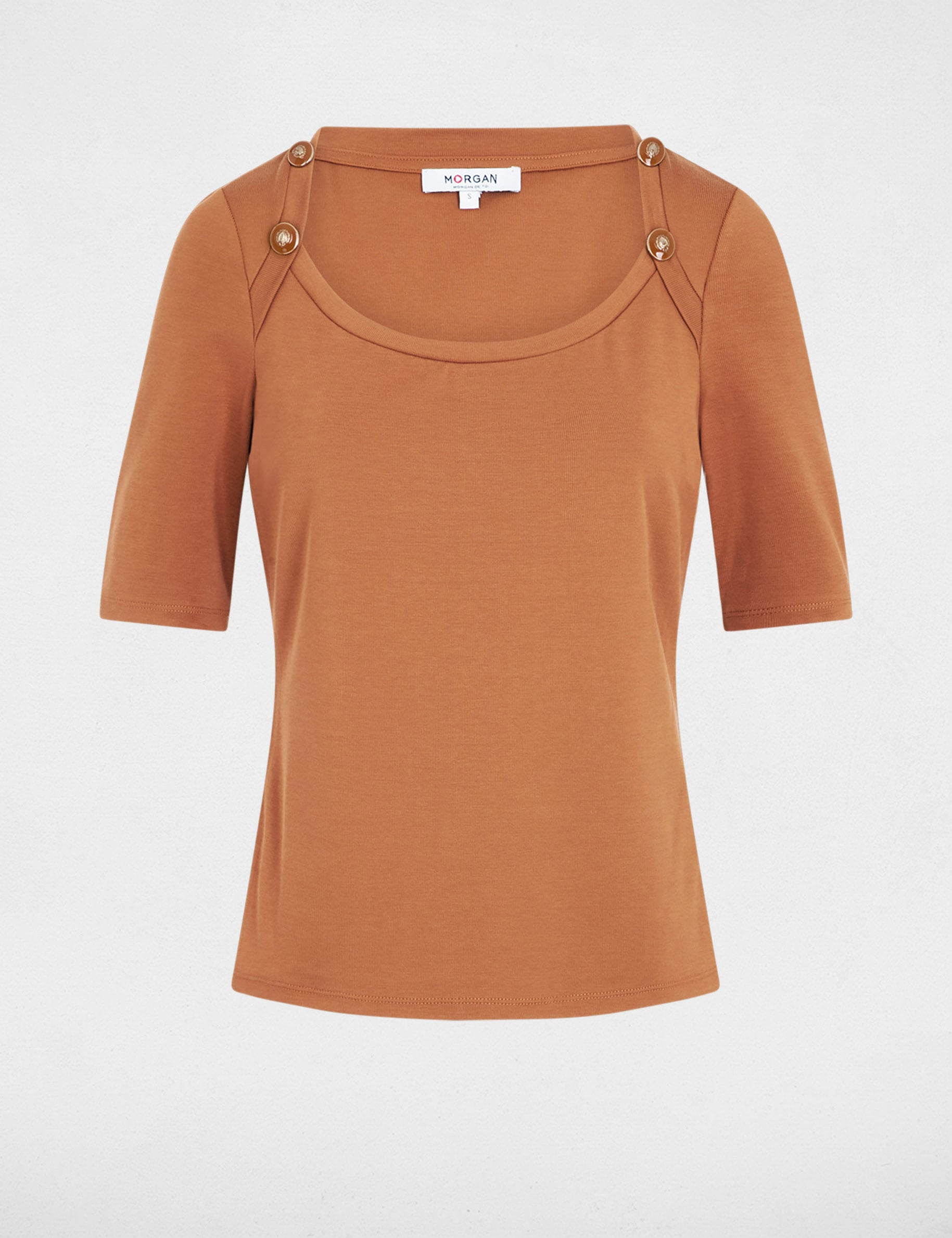 Camiseta ajustada cuello barco c&aacute;mel mujer