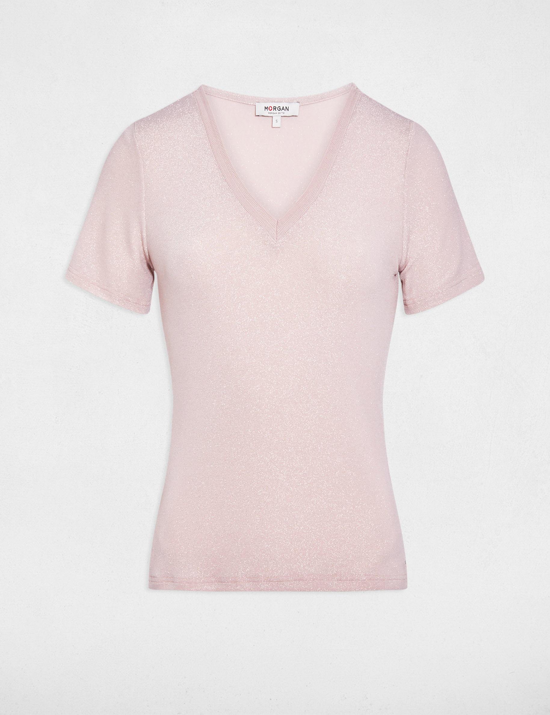 Camiseta manga corta con escote en V rosa claro mujer