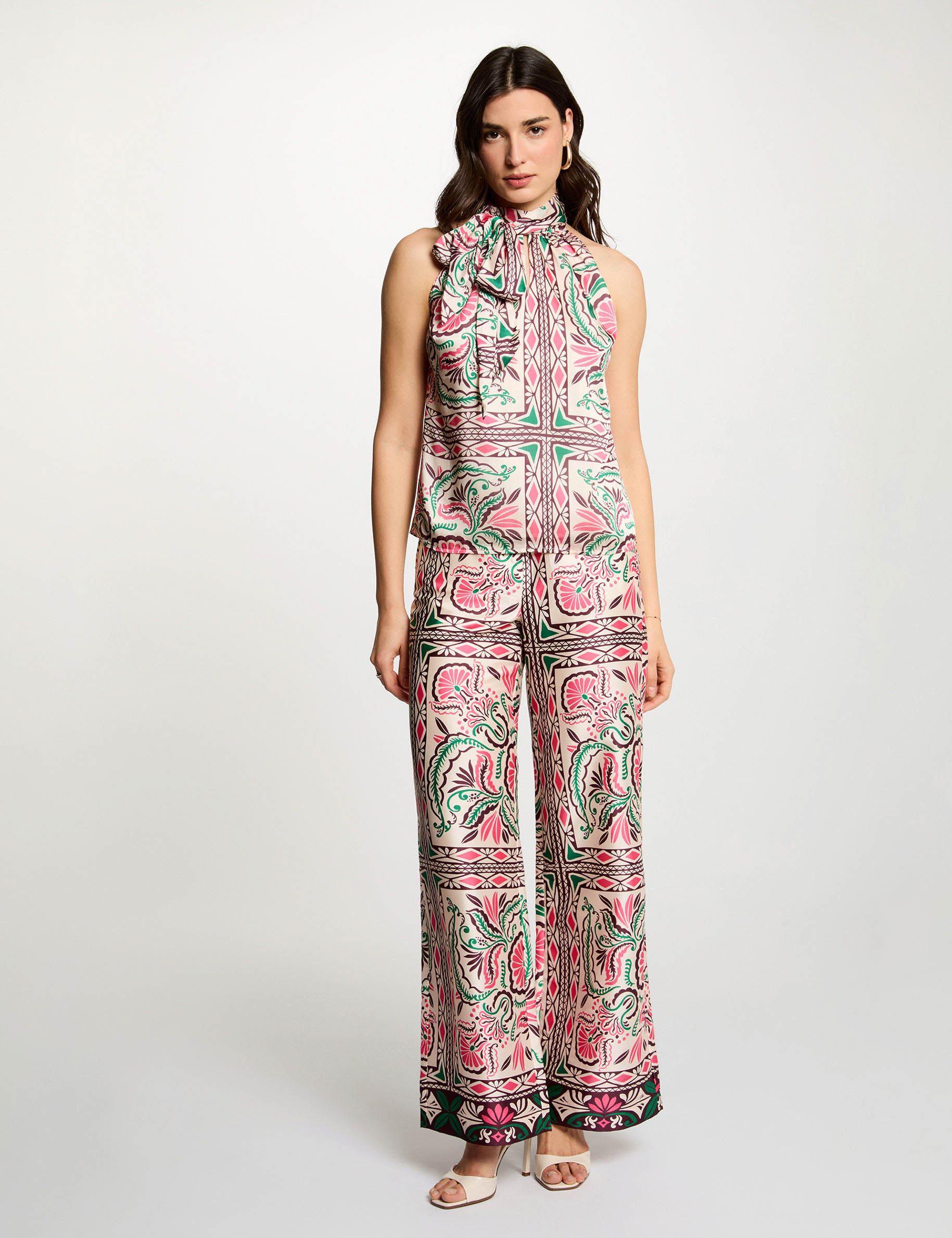 Pantal&oacute;n ancho satinado multicolor mujer