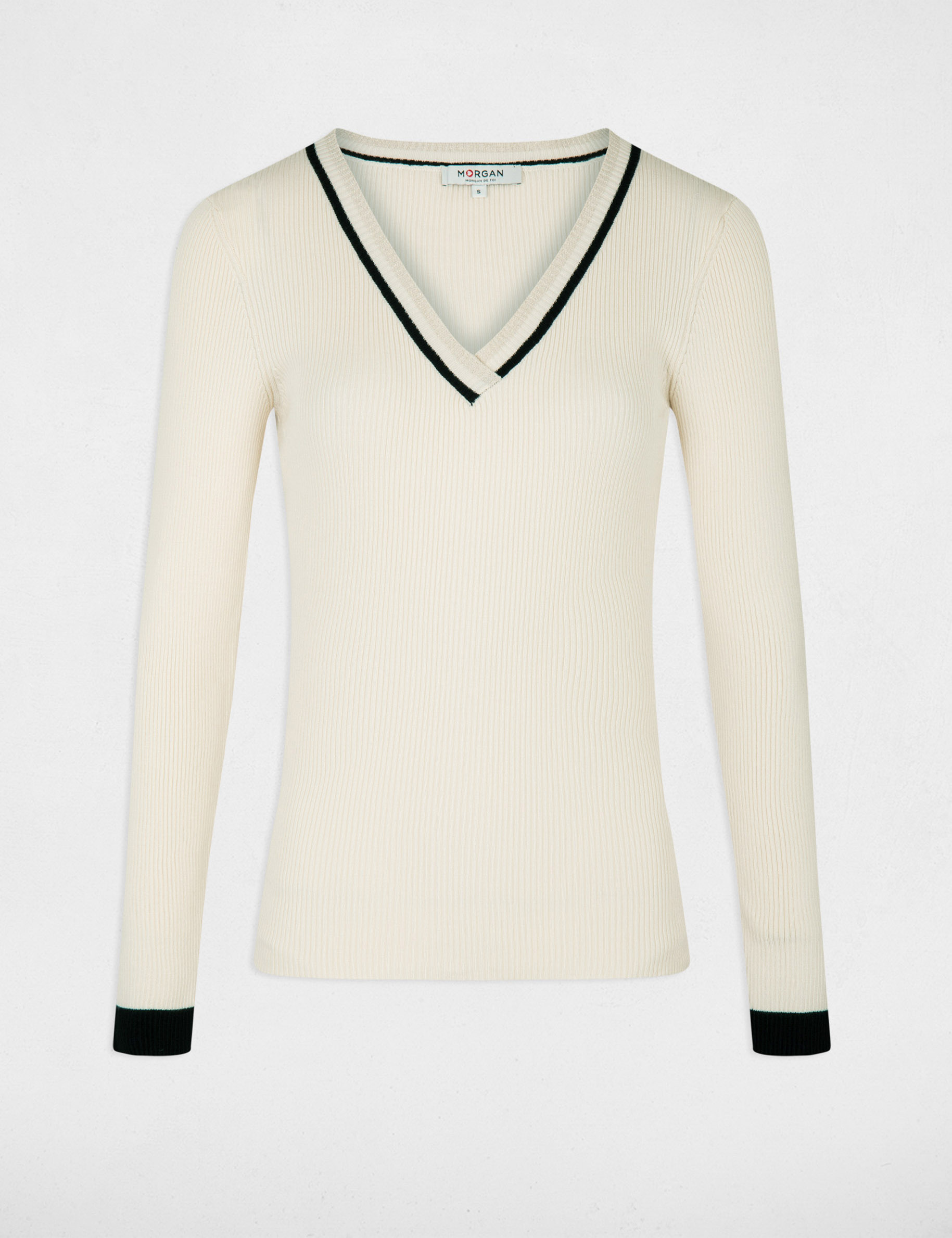 Jersey manga larga con escote en V marfil mujer