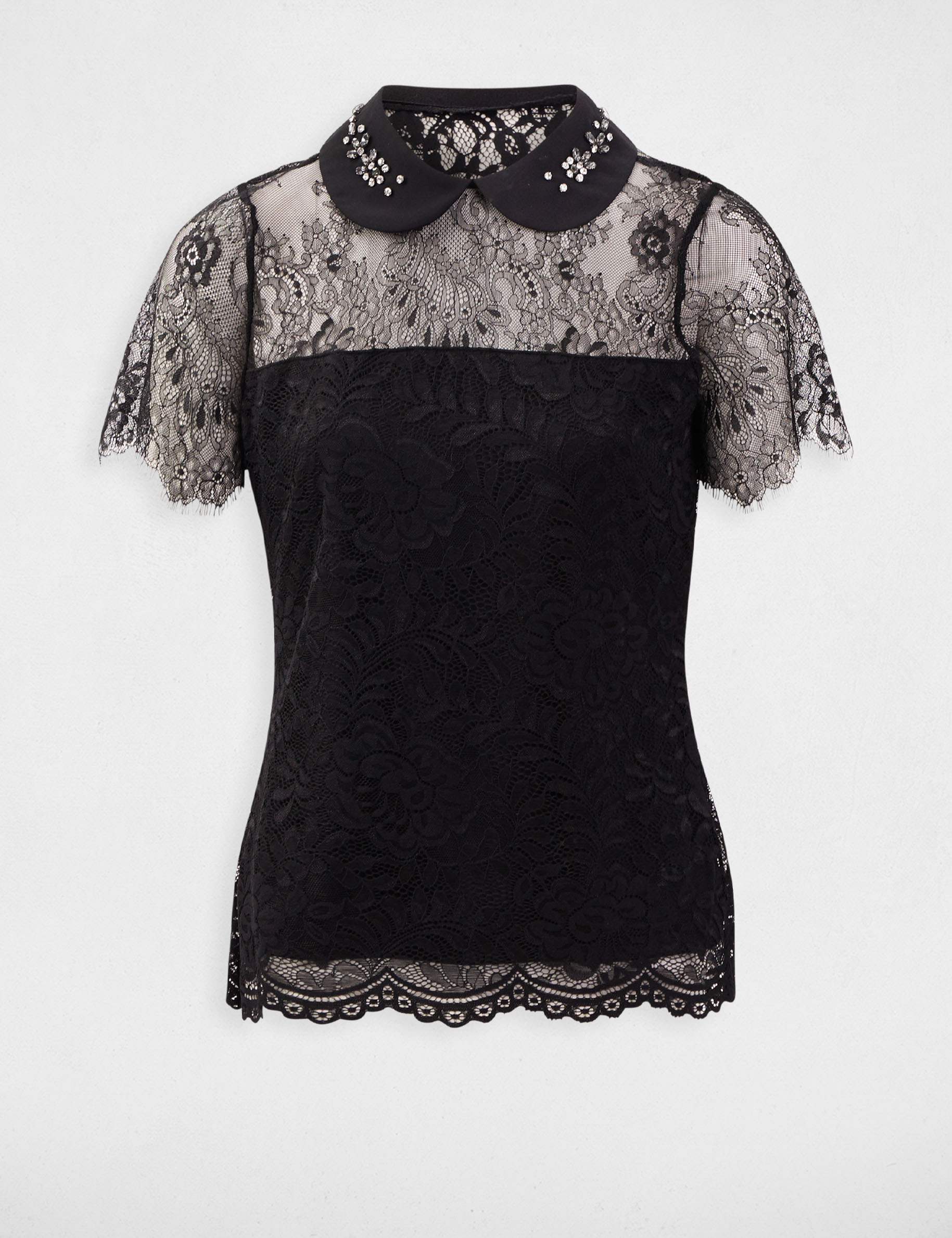 Blusa manga corta con encaje y abertura negro mujer