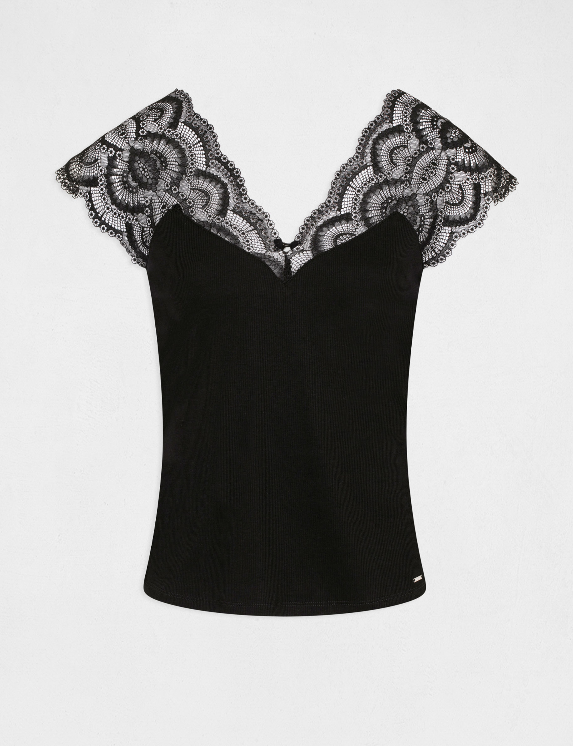 Camiseta manga corta con encaje negro mujer