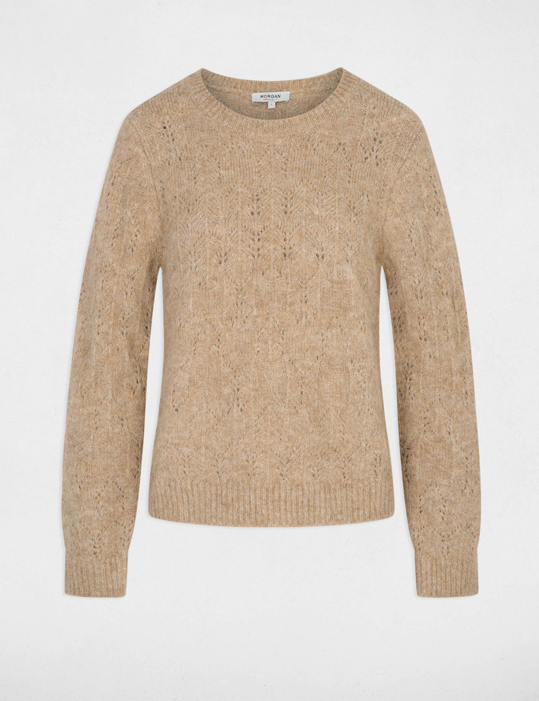Jersey calado con cuello redondo beige mujer