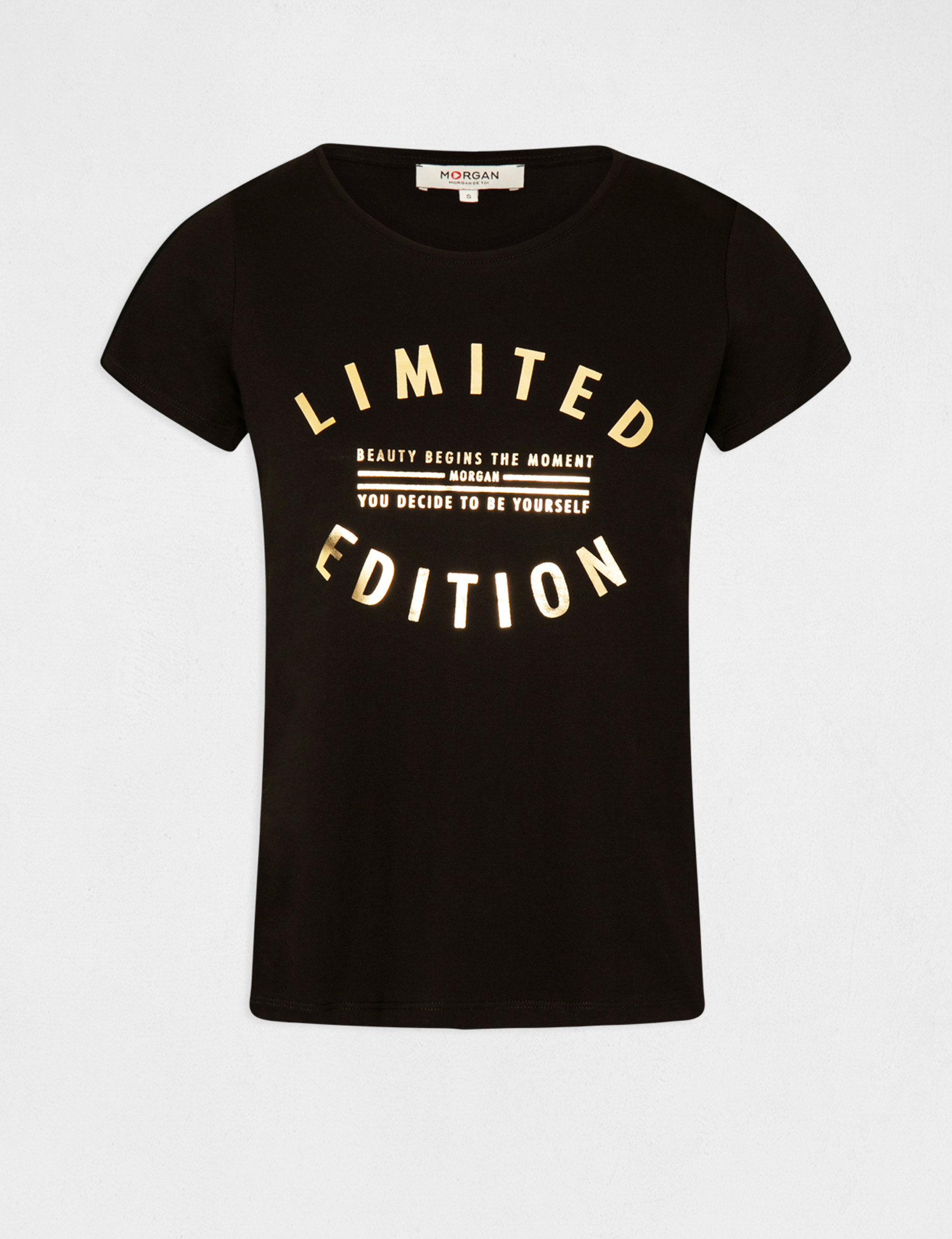 Camiseta de manga corta con mensaje negro mujer Camiseta de manga corta con mensaje negro mujer