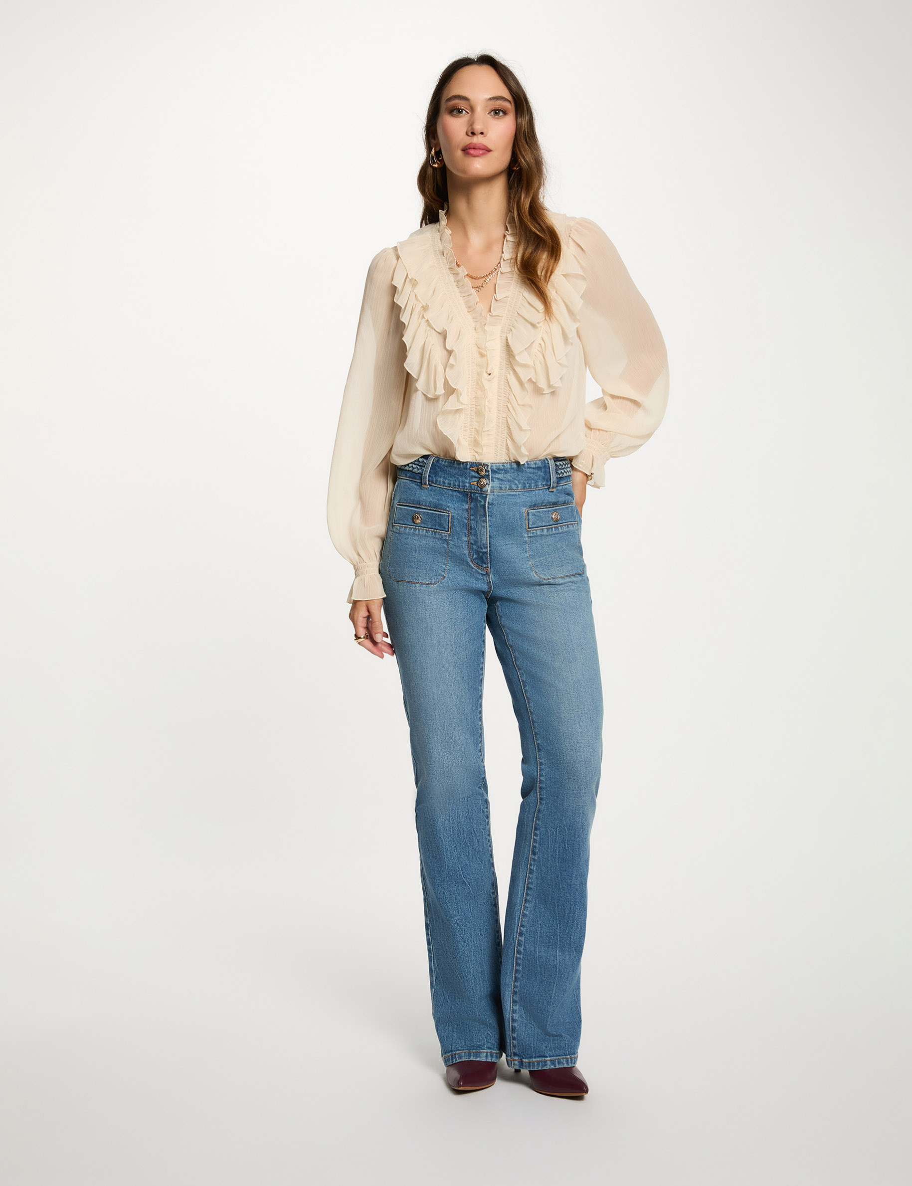 Camisa fluida con cuello en v creme mujer