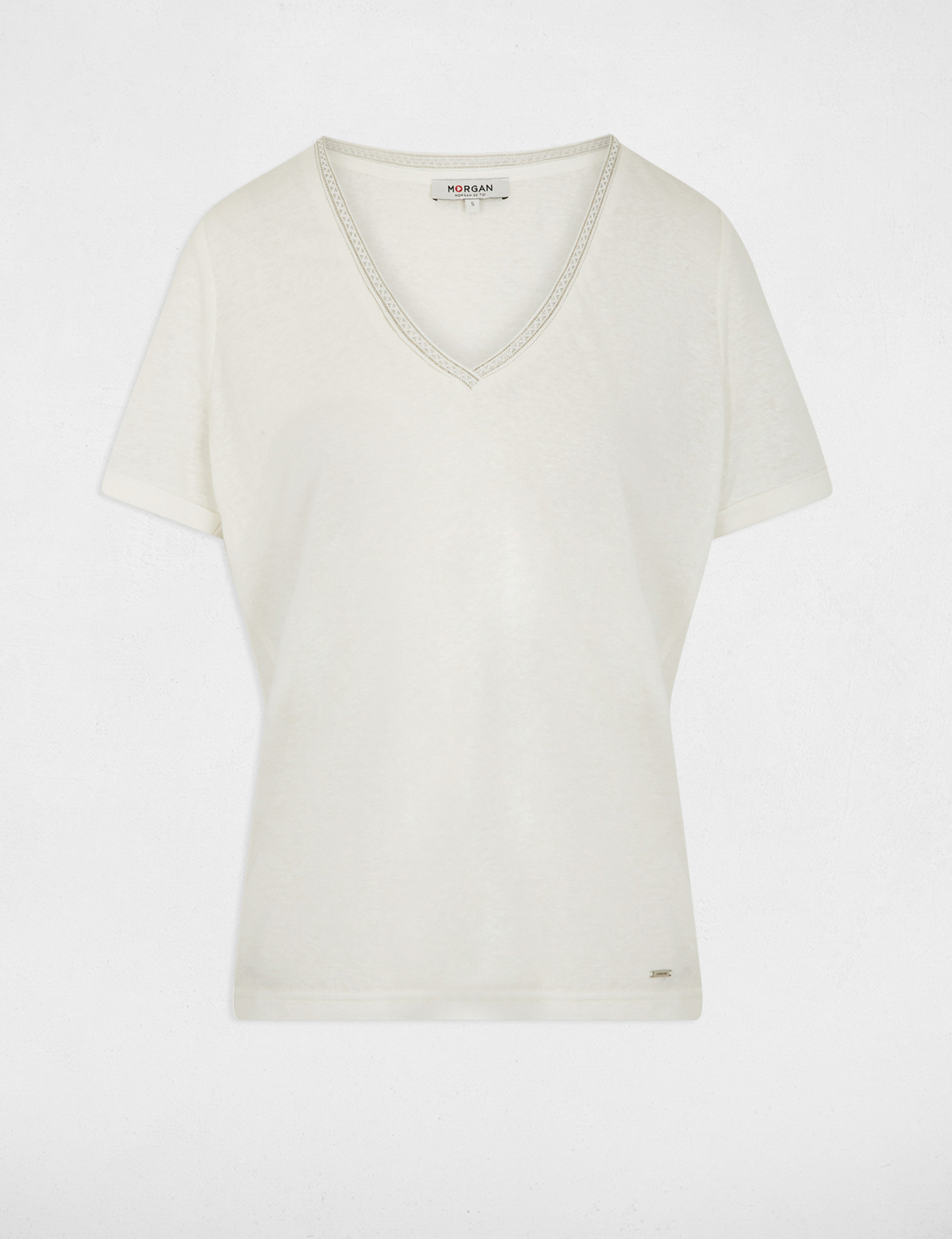 Camiseta con cuello en v con perlas blanco mujer
