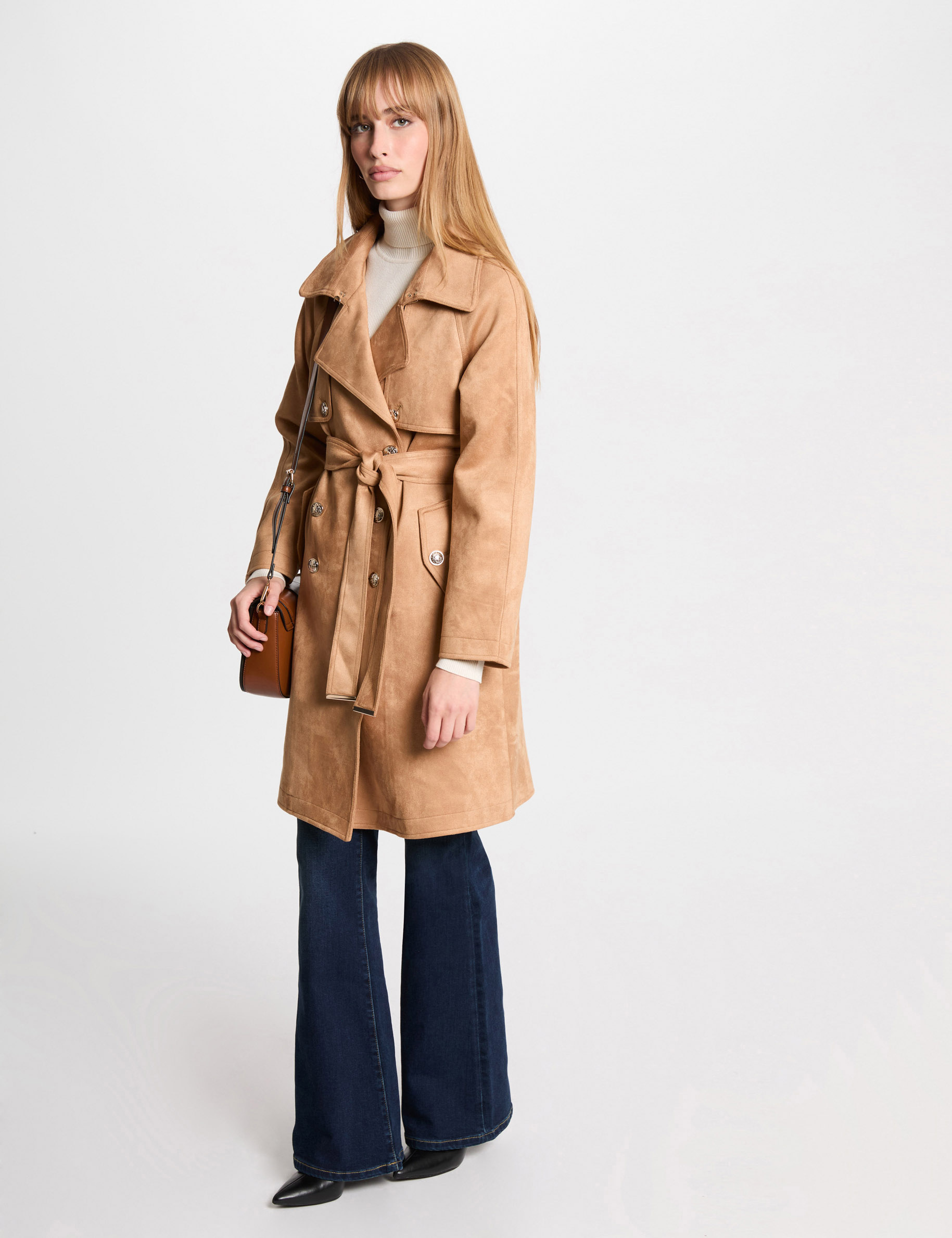 Gabardina larga de antelina marron clair mujer