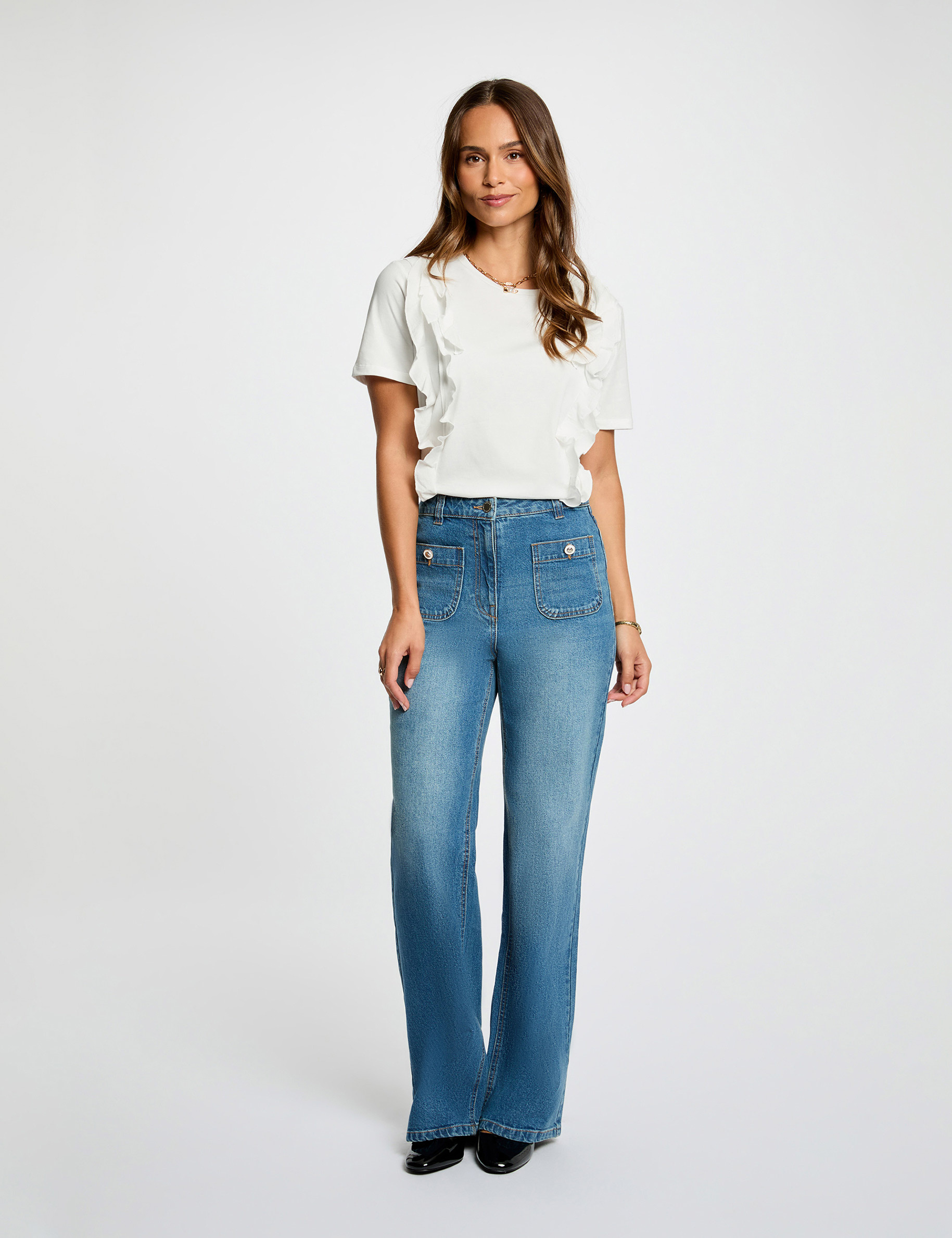 Jean ancho de tiro alto denim stone mujer