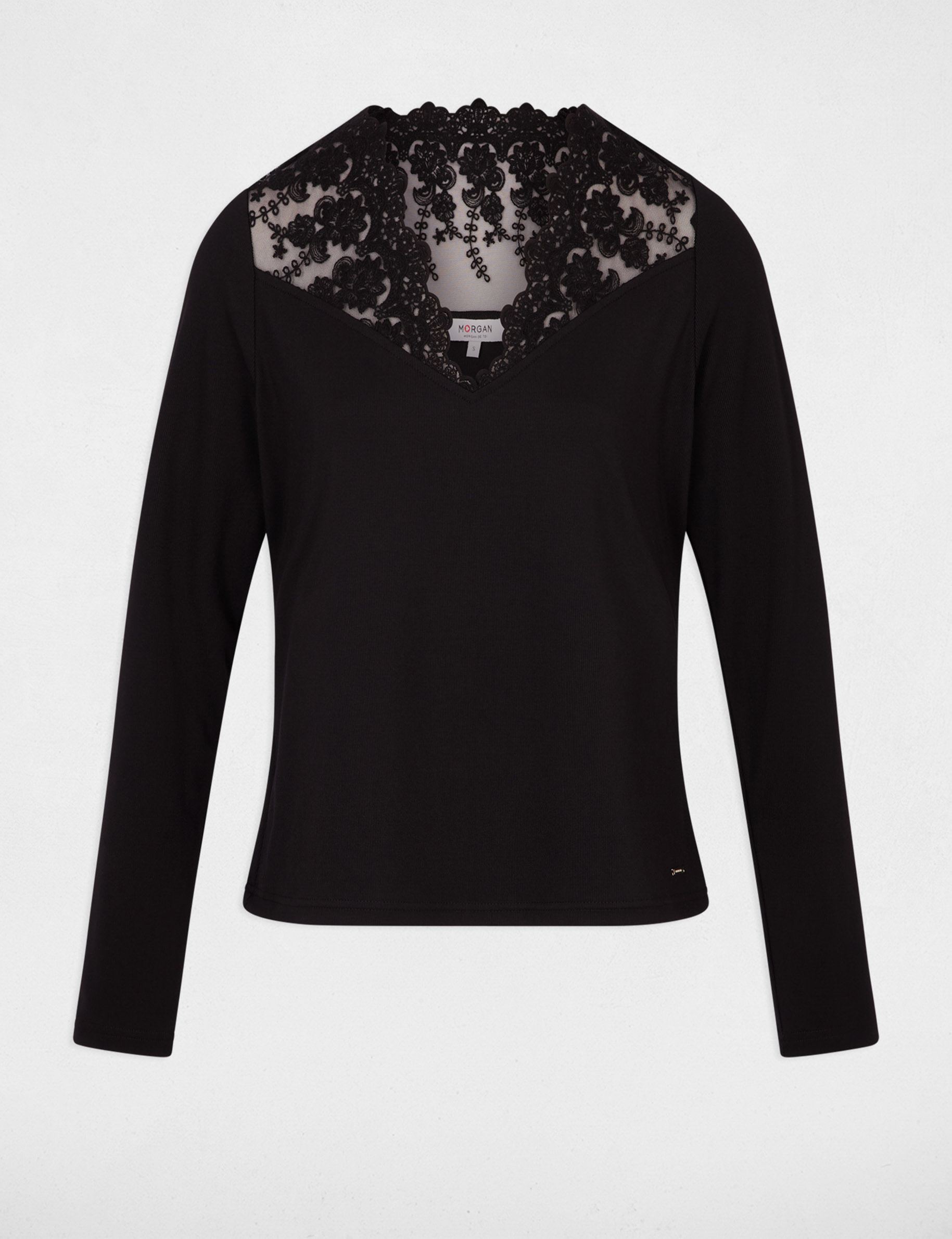 Camiseta cuello v encaje negro mujer
