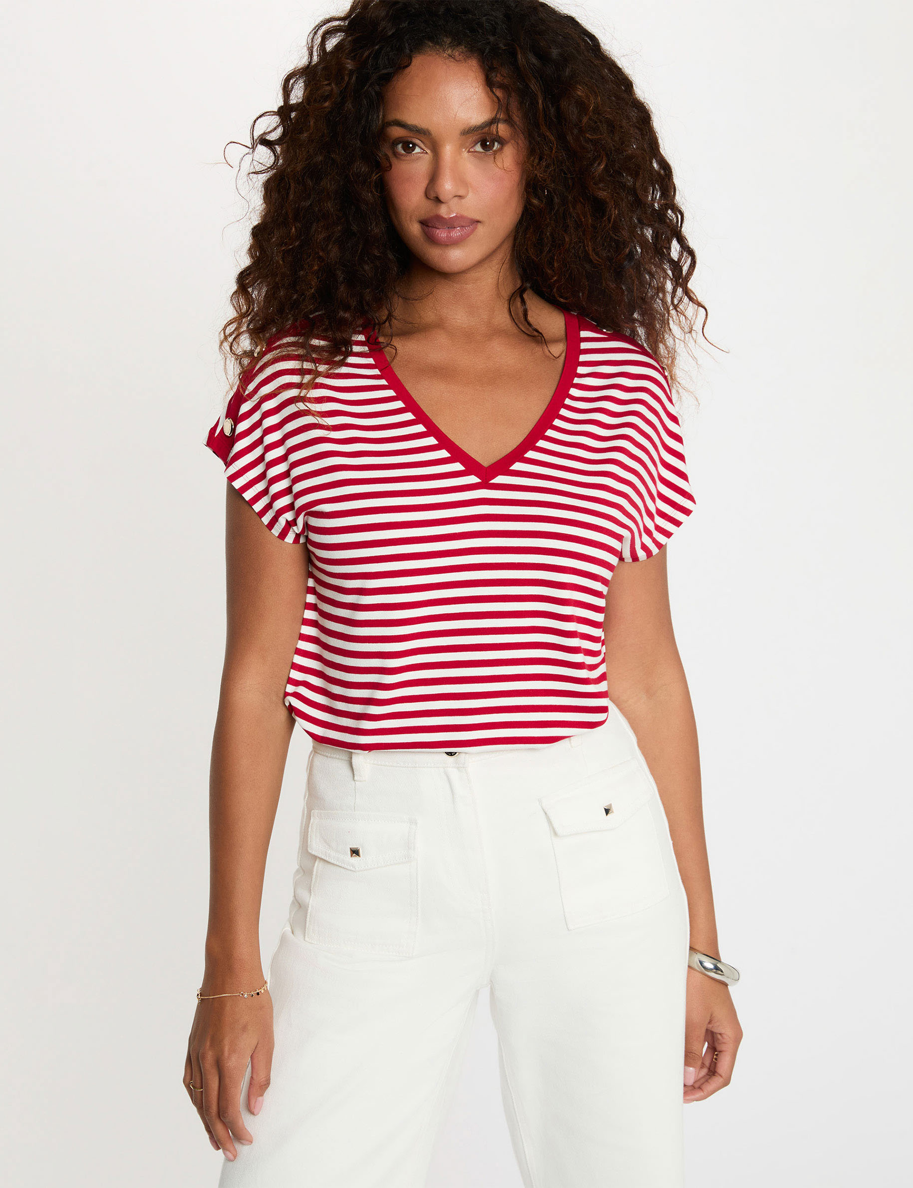 Camiseta de rayas con cuello v blanco mujer