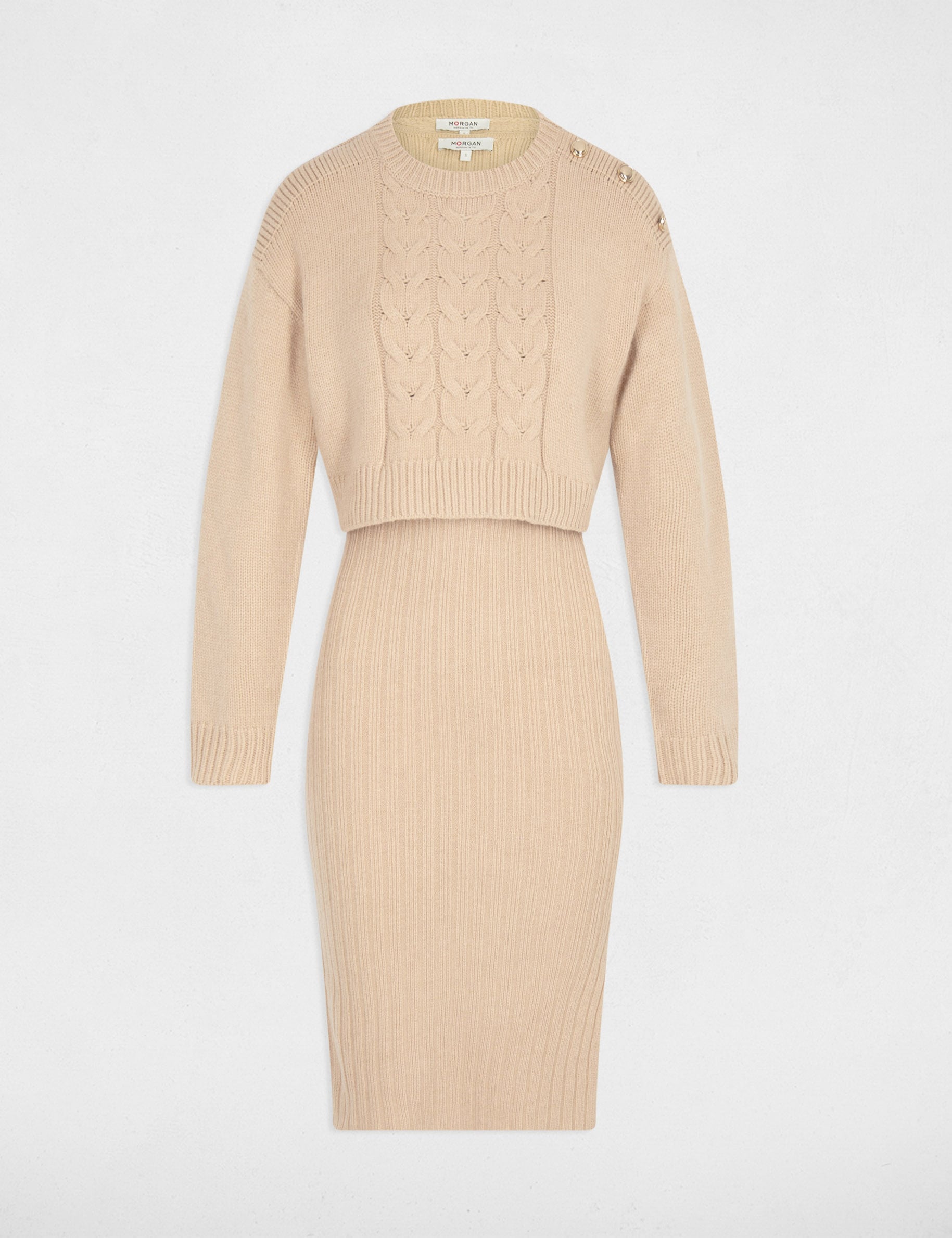 Vestido punto ajustado 2 en 1 beige mujer