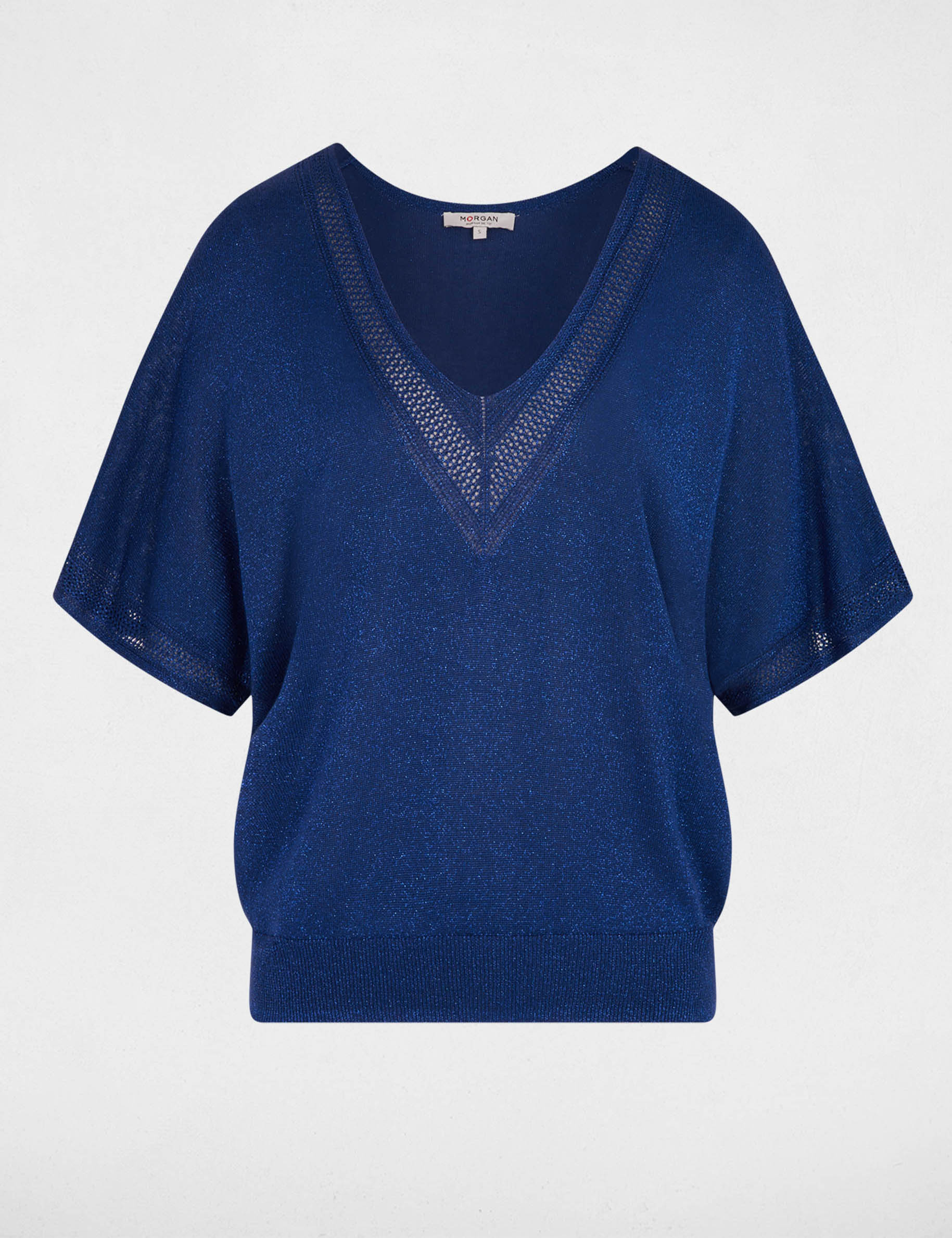 Jersey escote en V manga corta azul marino mujer