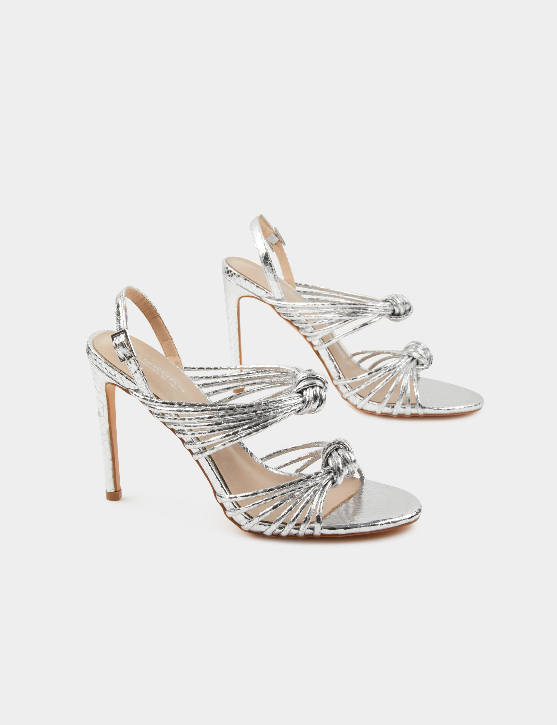sandalias de tacon con pulseras anudadas plateado mujer Sandalias de tacón con pulseras anudadas plateado mujer