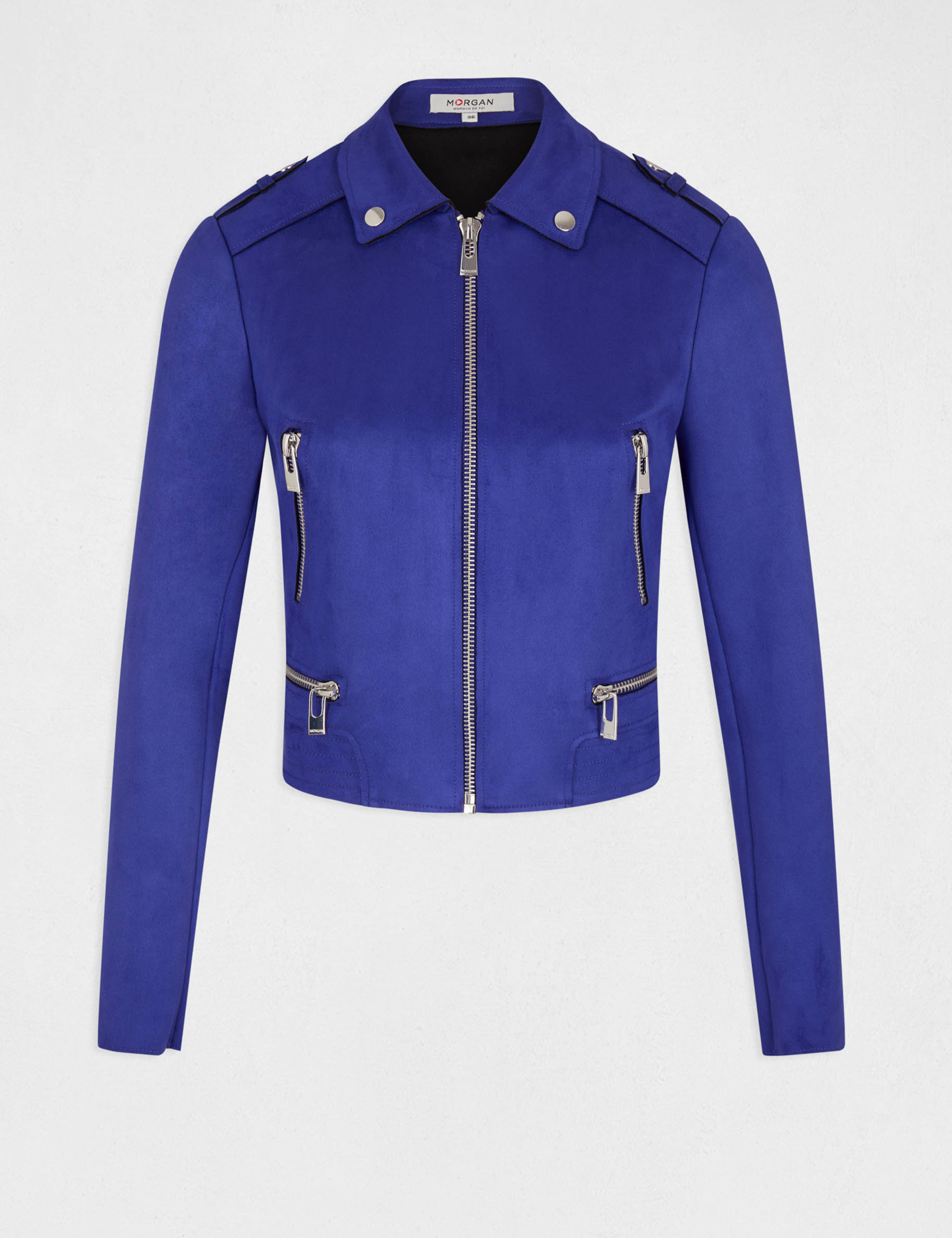 chaqueta recta efecto de antelina azul medio mujer Chaqueta recta efecto de antelina azul medio mujer