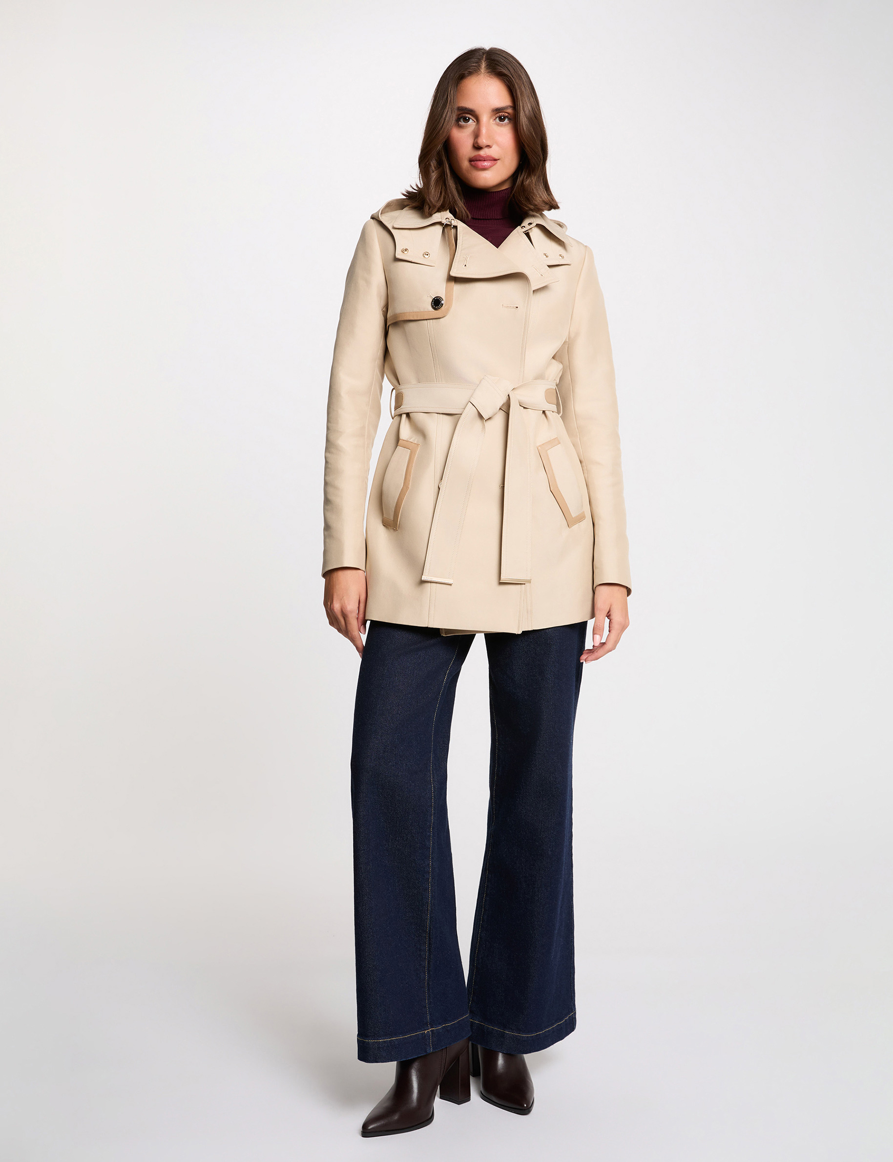 Trench medio con capucha beige mujer