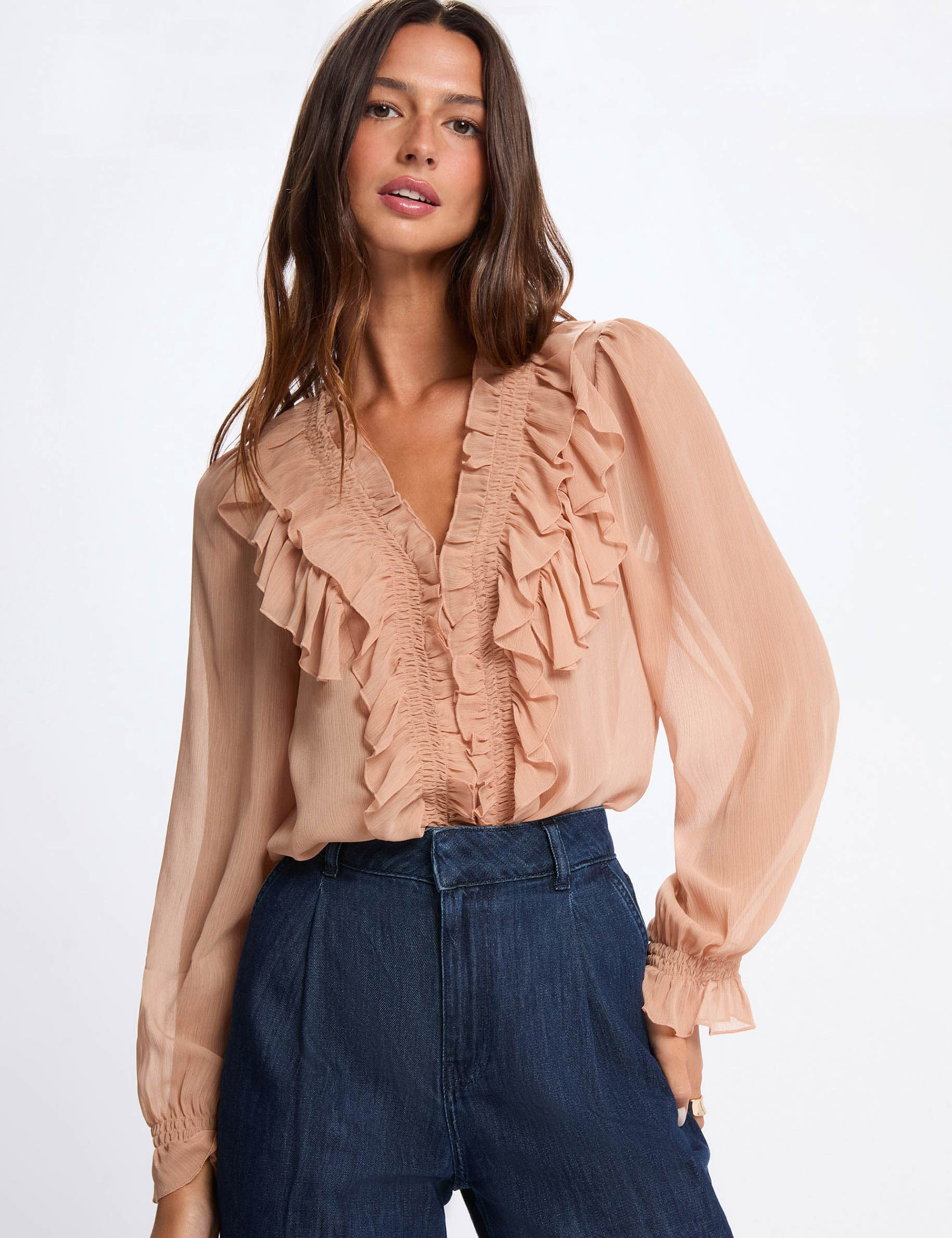 Camisa fluida con cuello en v rosa salm&oacute;n mujer