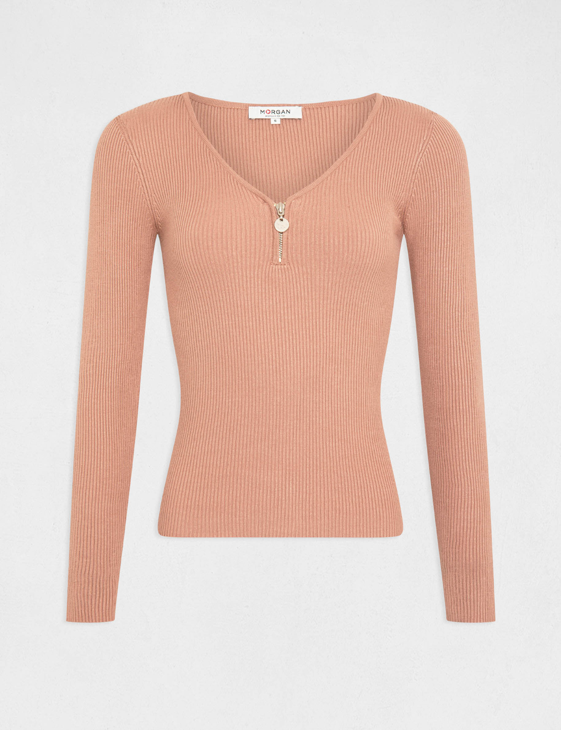 Jersey manga larga acanalado rosa envejecido mujer