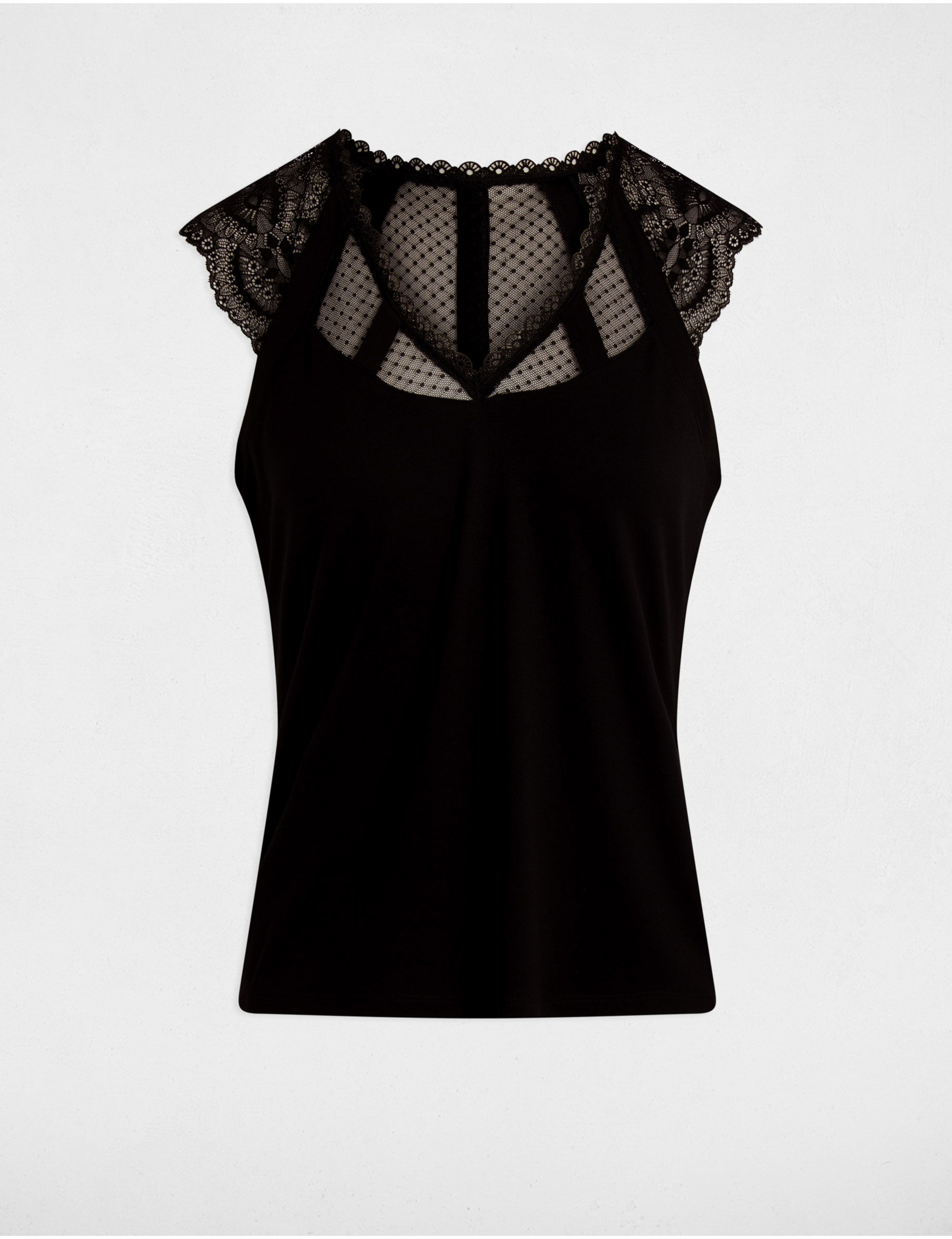 Camiseta de encaje con cuello en v negro mujer