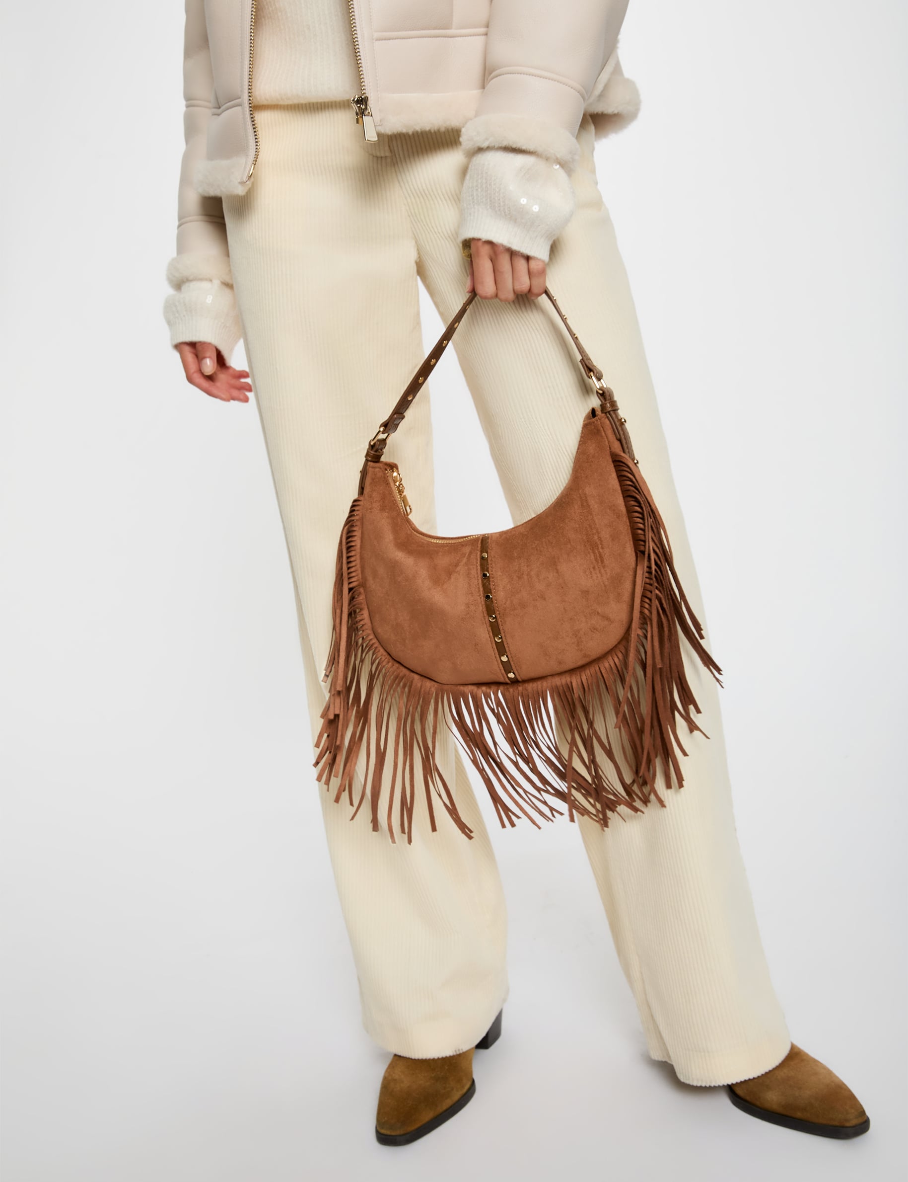 Bolso de flecos de ante beige mujer