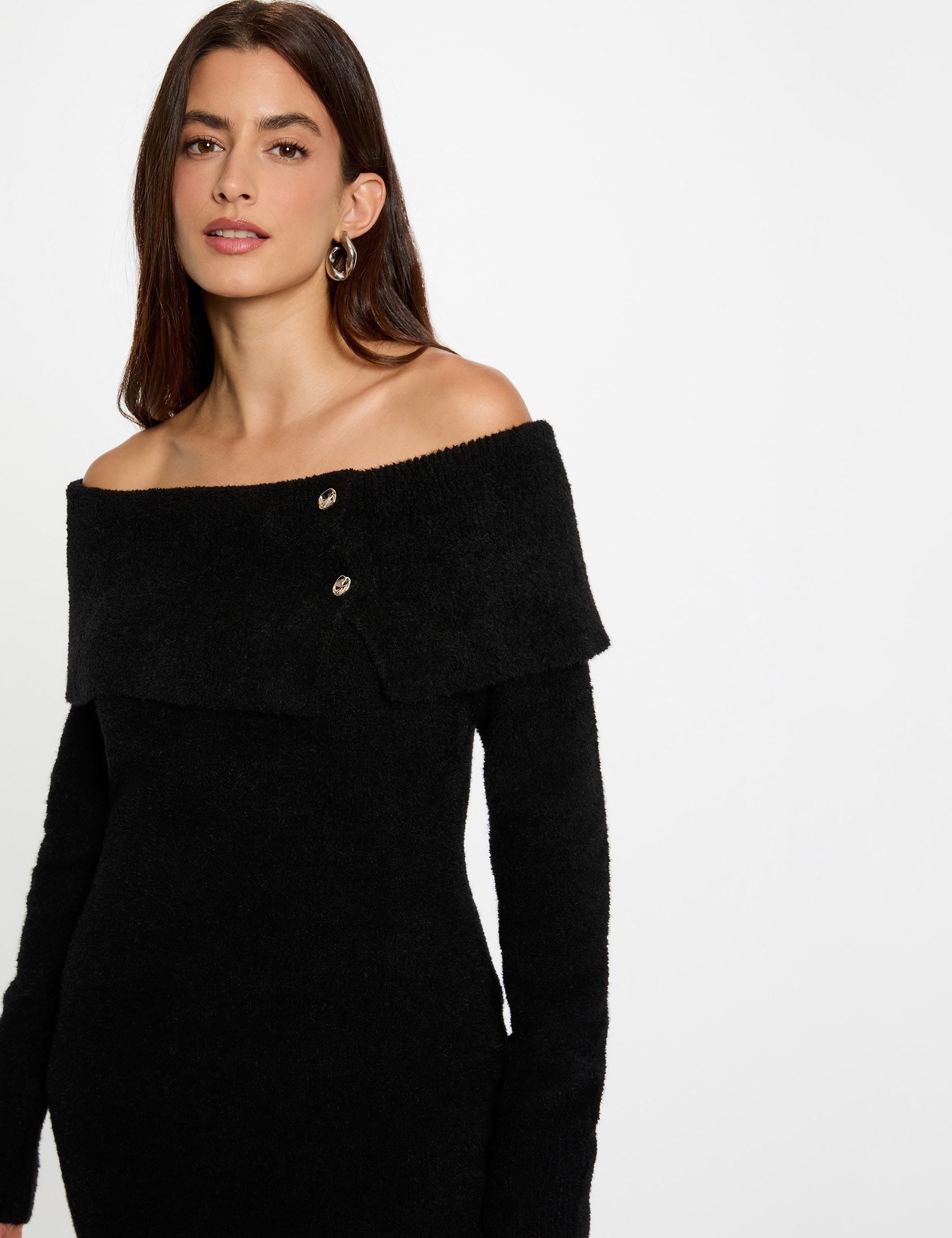 Vestido de punto con cuello bardot negro mujer