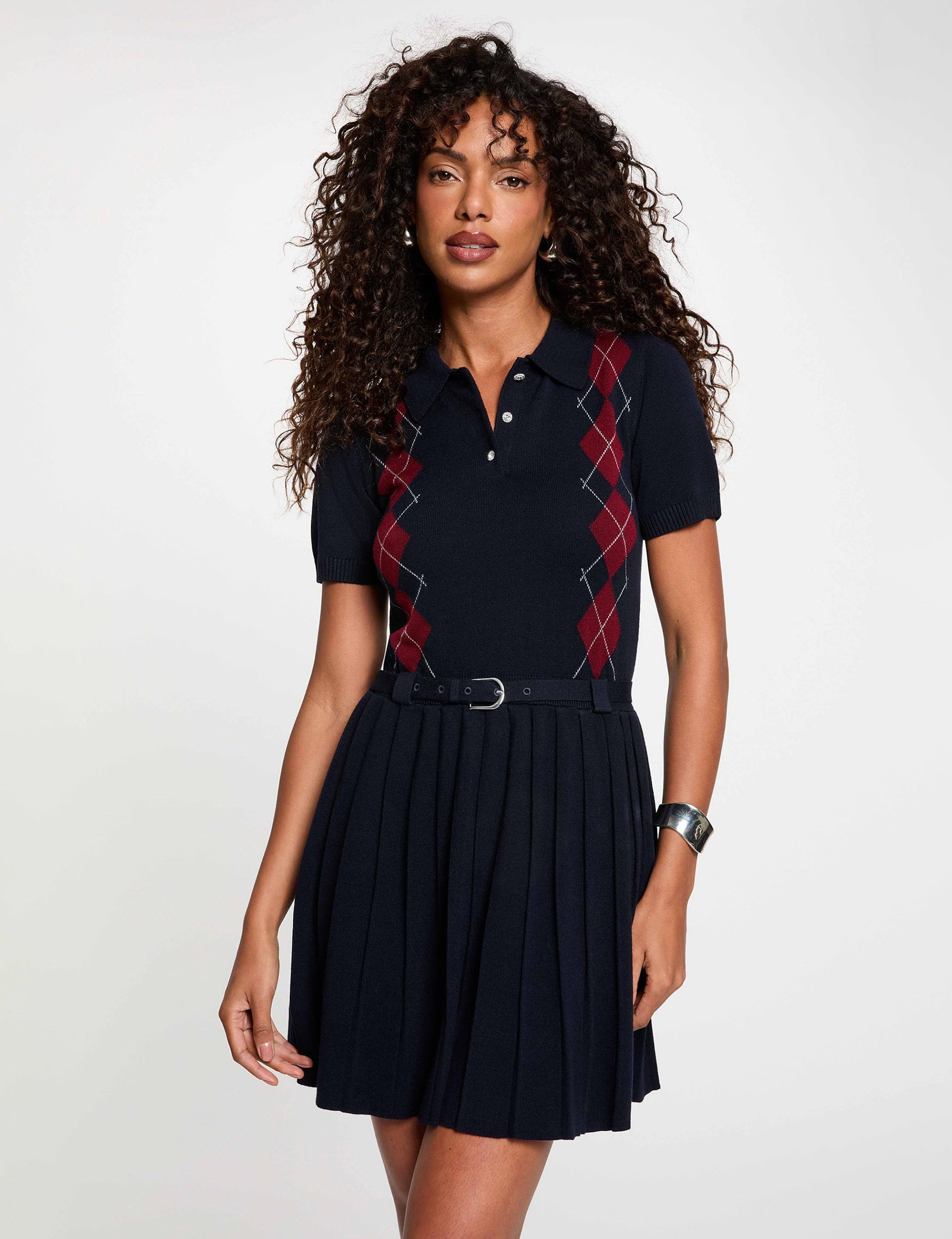 Vestido de punto con cuello vuelto azul marino mujer