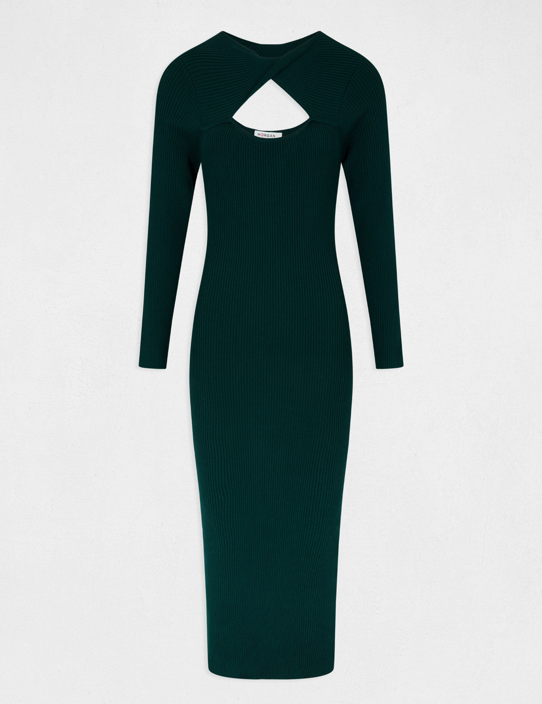 Vestido punto largo ajustado abertura verde oscuro mujer