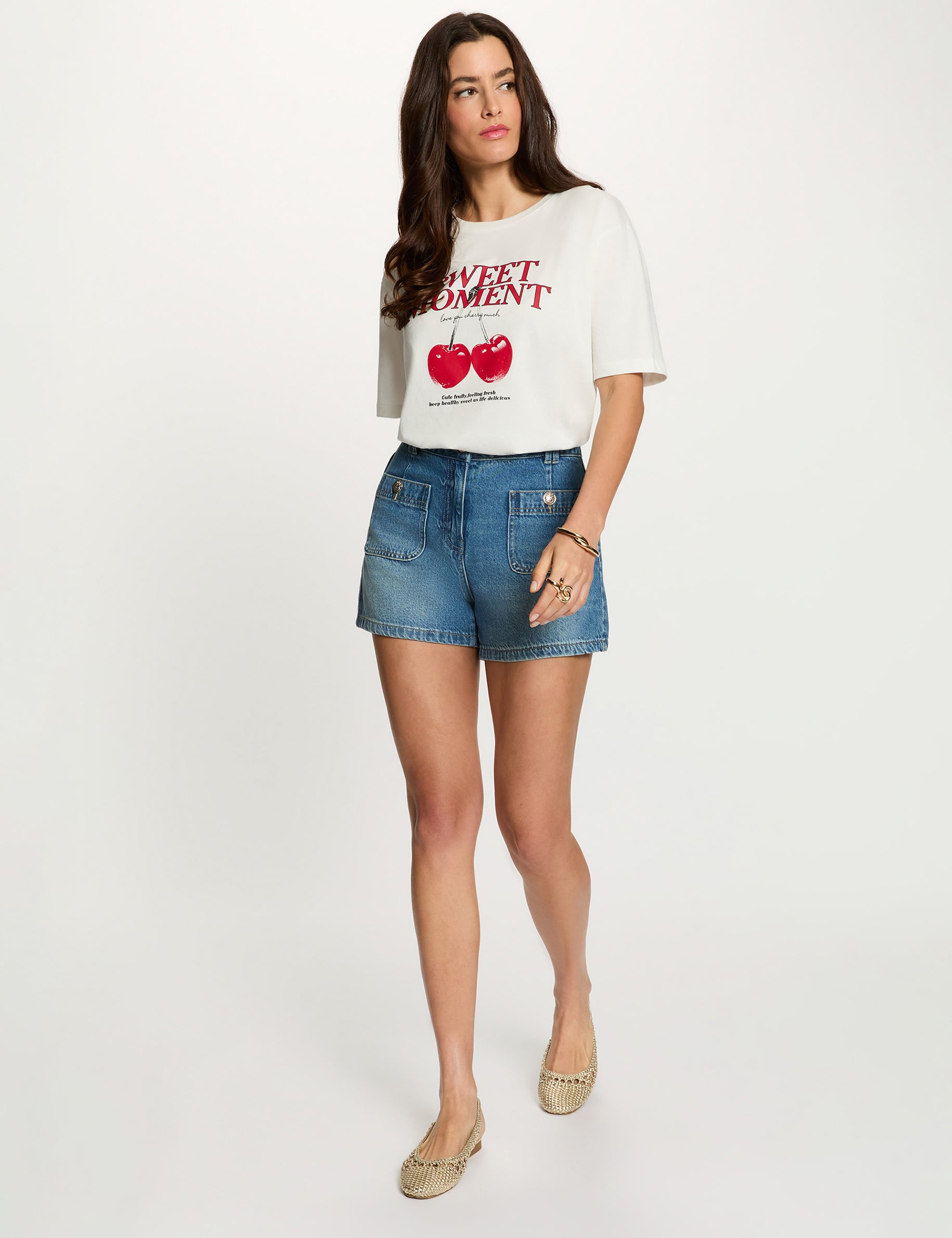 Camiseta estampada cuello redondo blanco mujer