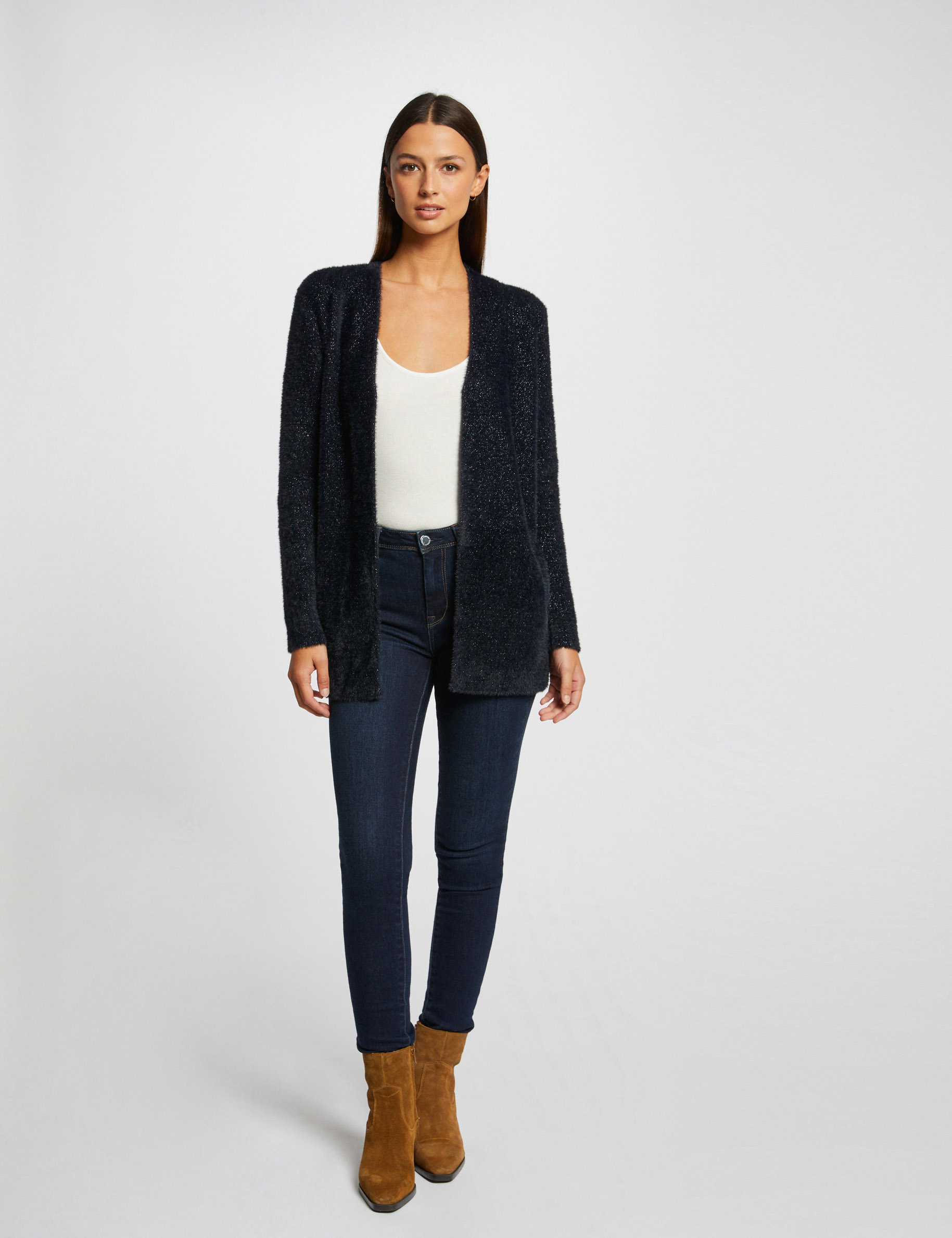 cardigan recto hilos metalizados marino mujer Cárdigan recto hilos metalizados marino mujer