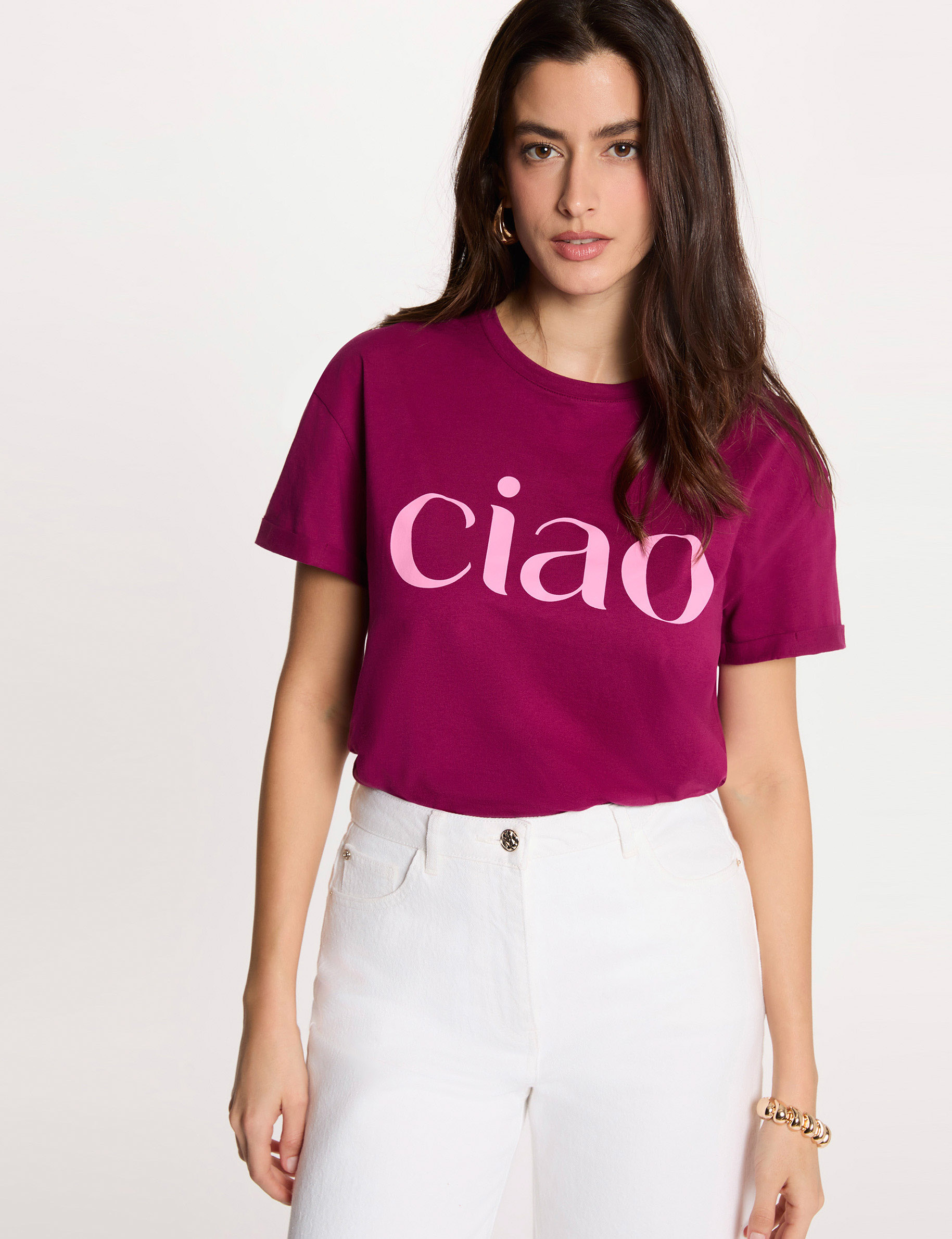 Camiseta de cuello redondo ciruela mujer