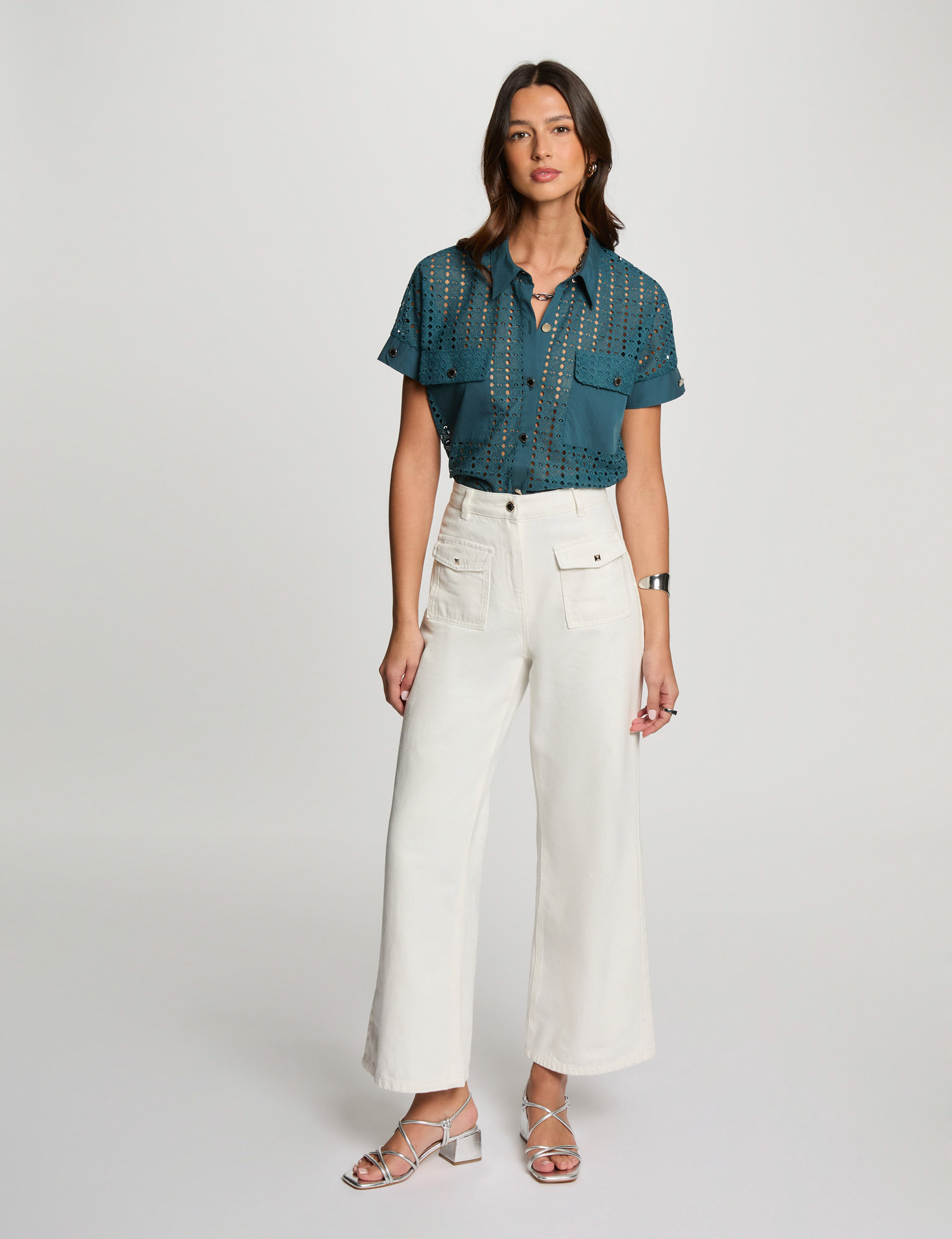 camisa manga corta azul petroleo mujer Camisa manga corta azul petróleo mujer