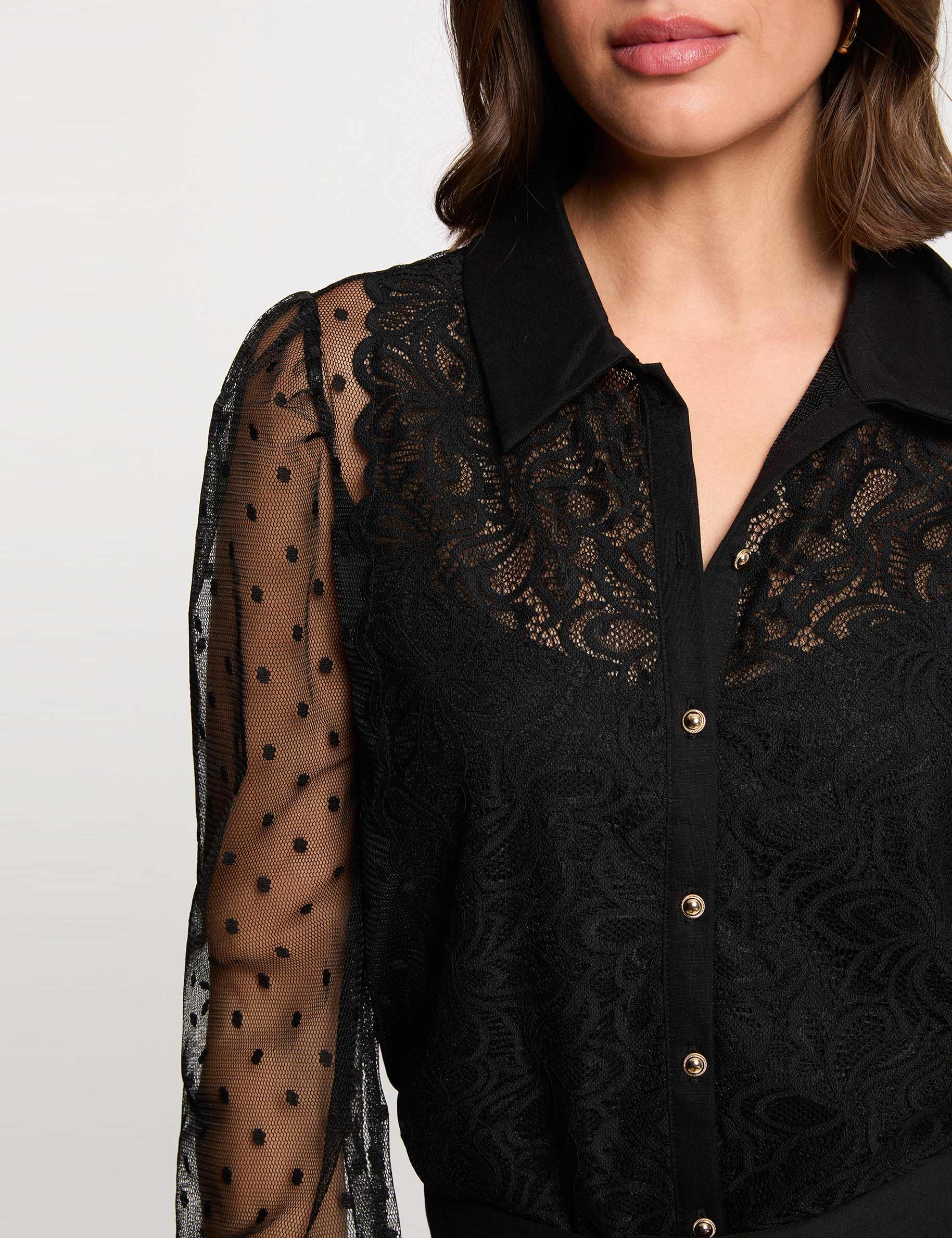 Camiseta de encaje manga larga negro mujer