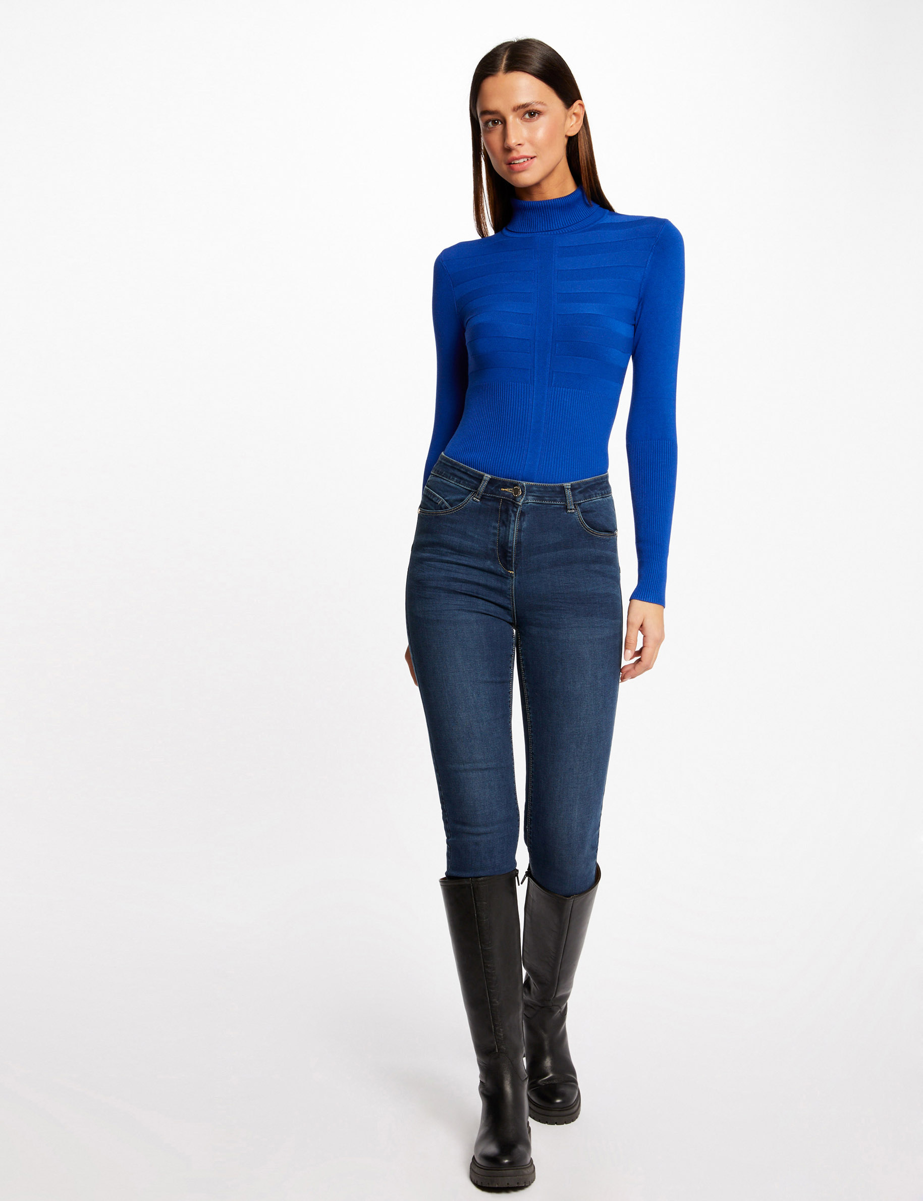 Jersey de cuello alto ajustado azul mujer