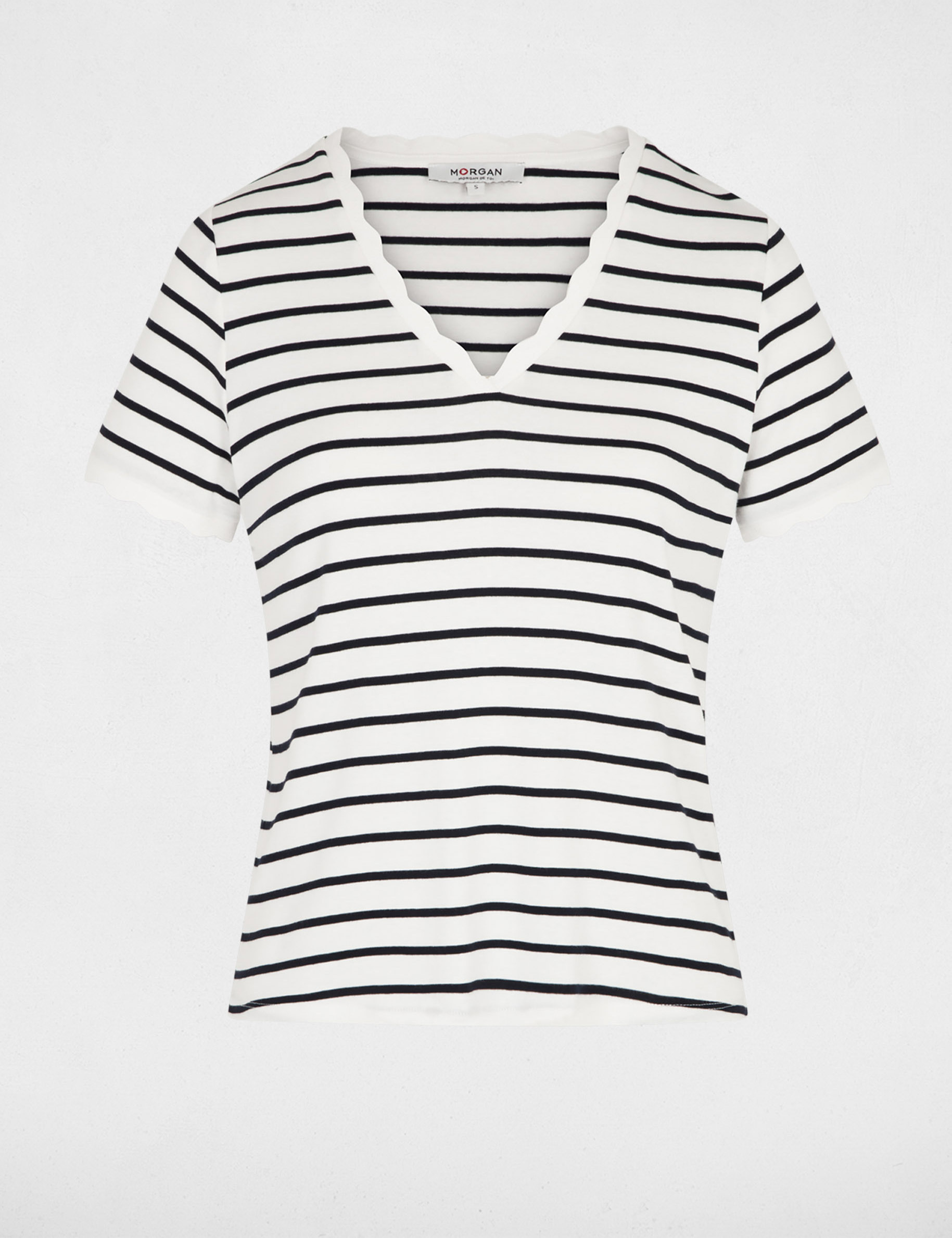 Camiseta de rayas con cuello en v blanco mujer