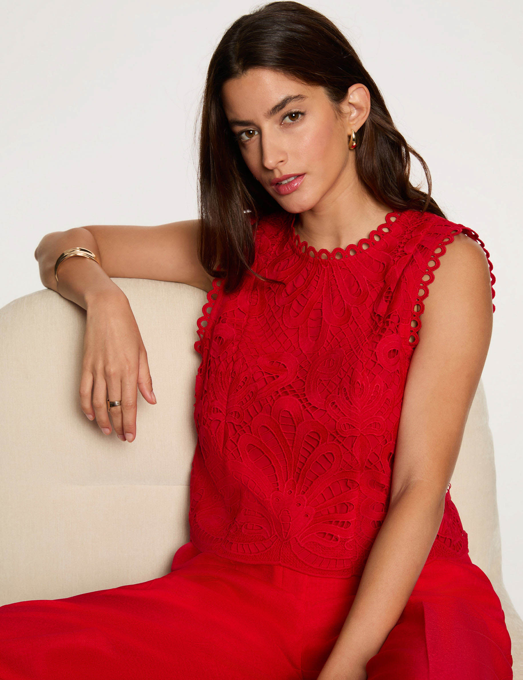 Top de encaje sin mangas rojo mujer