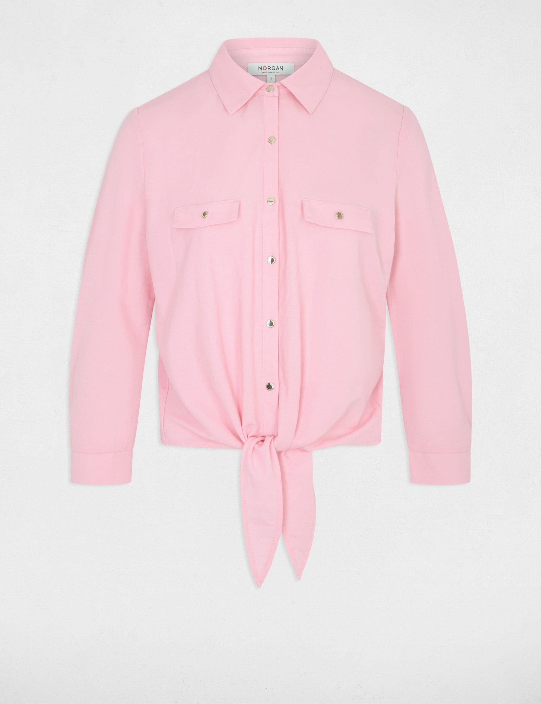 Camisa anudada con cuello abierto rosa pastel mujer