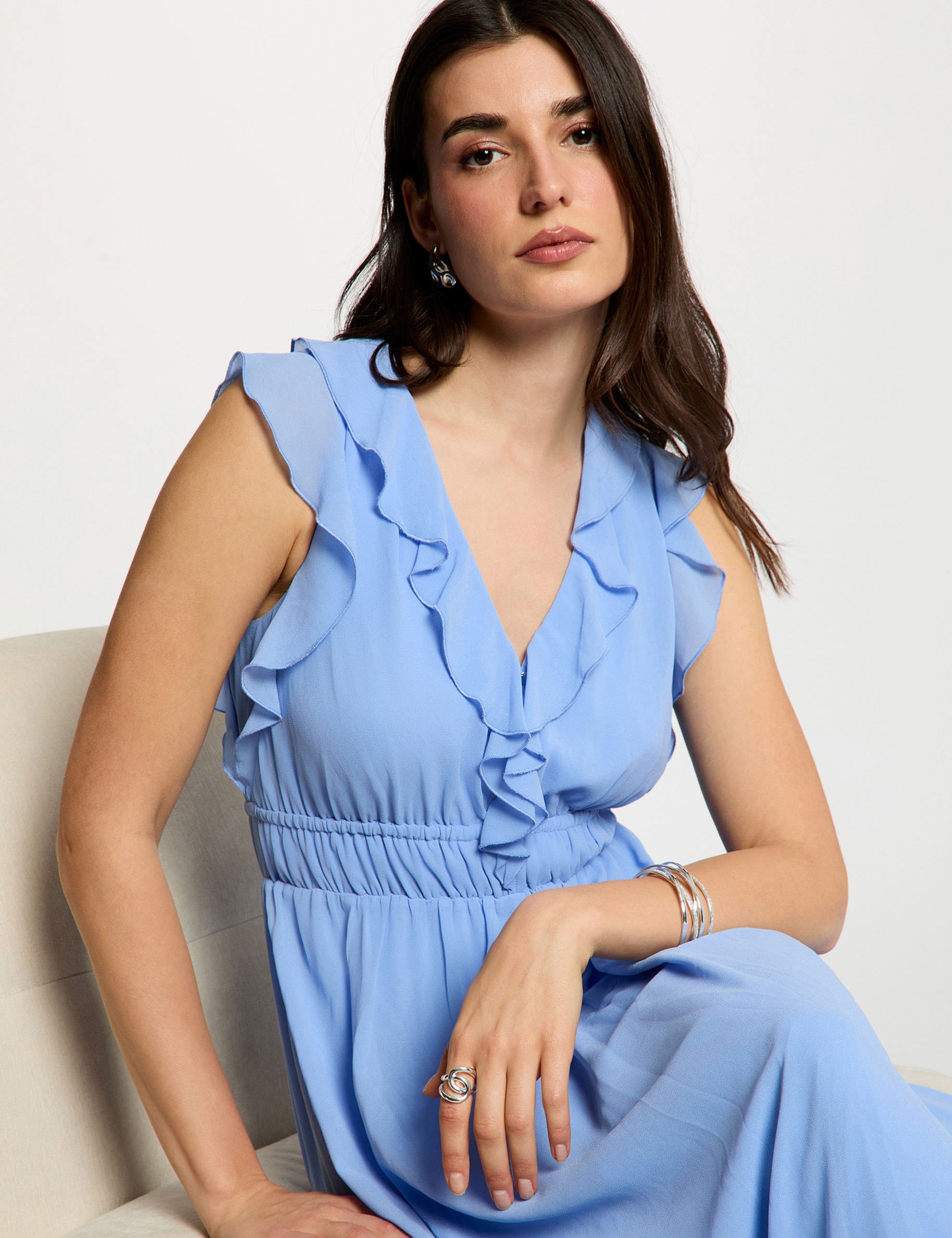 Vestido largo con cuello en v azul lavanda mujer