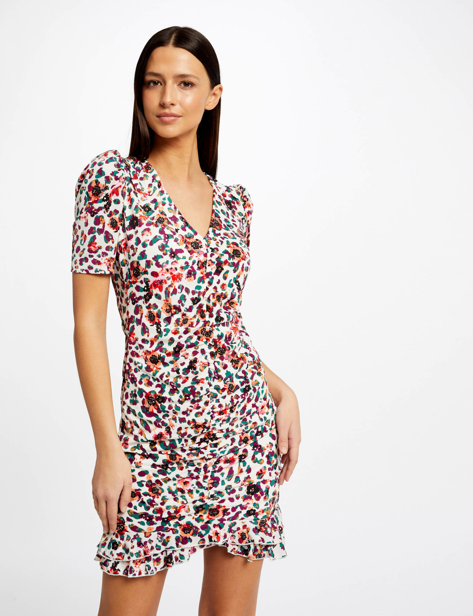 Vestido ajustado fruncido estampado multicolor mujer Vestido ajustado fruncido estampado multicolor mujer