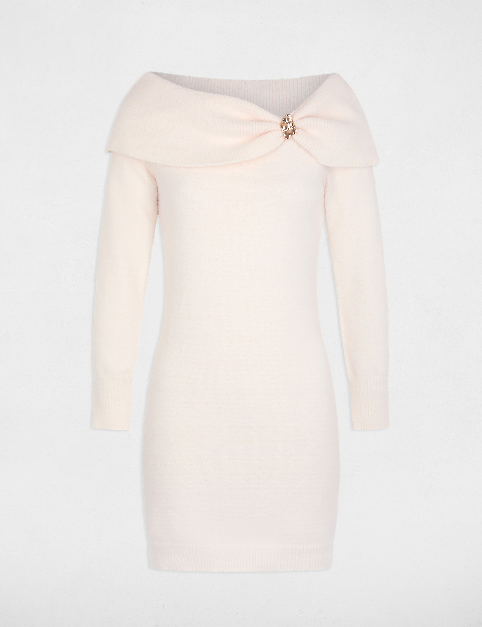 Vestido de punto con cuello bardot marfil mujer