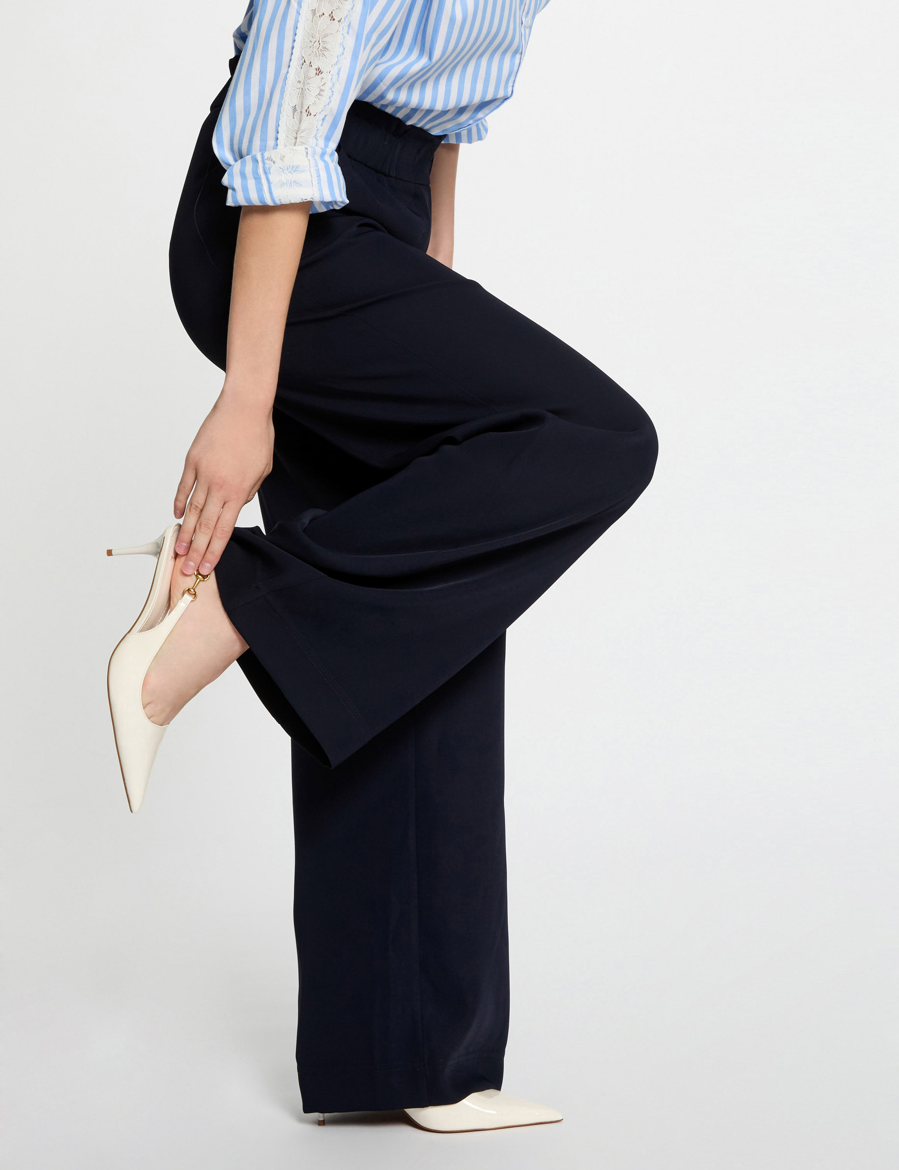 pantaln pernera ancha azul marino mujer Pantal�n pernera ancha azul marino mujer