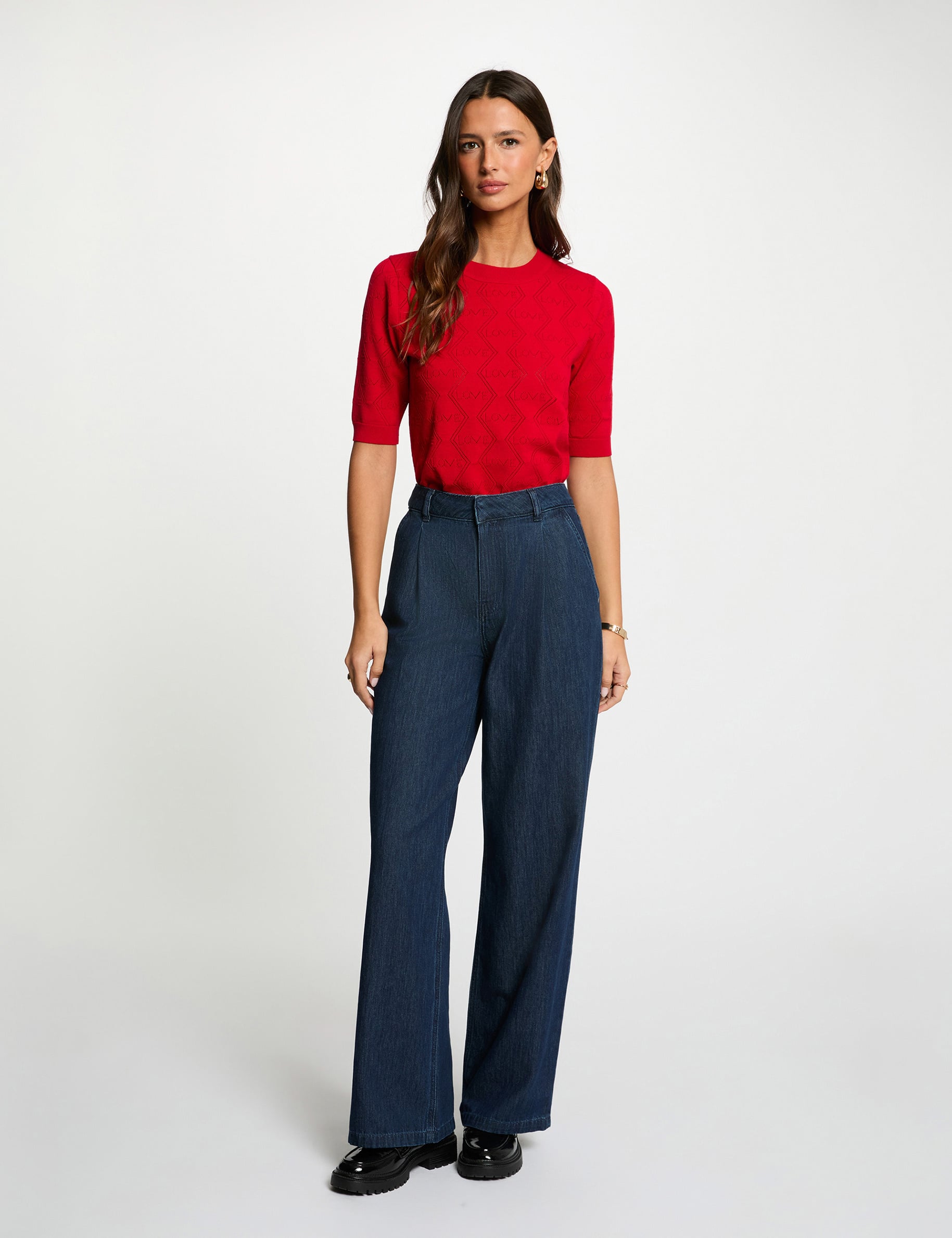 Jersey calado mangas 3/4 rojo mujer