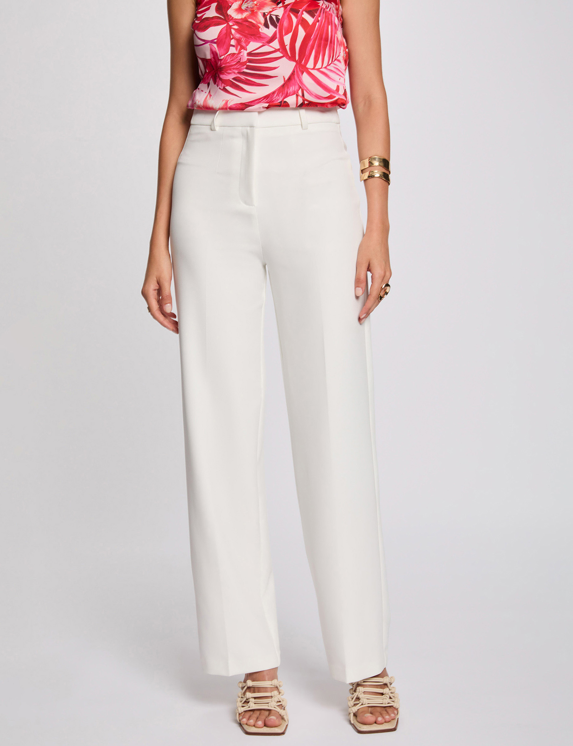 pantalon recto con pinzas blanco mujer Pantalón recto con pinzas blanco mujer