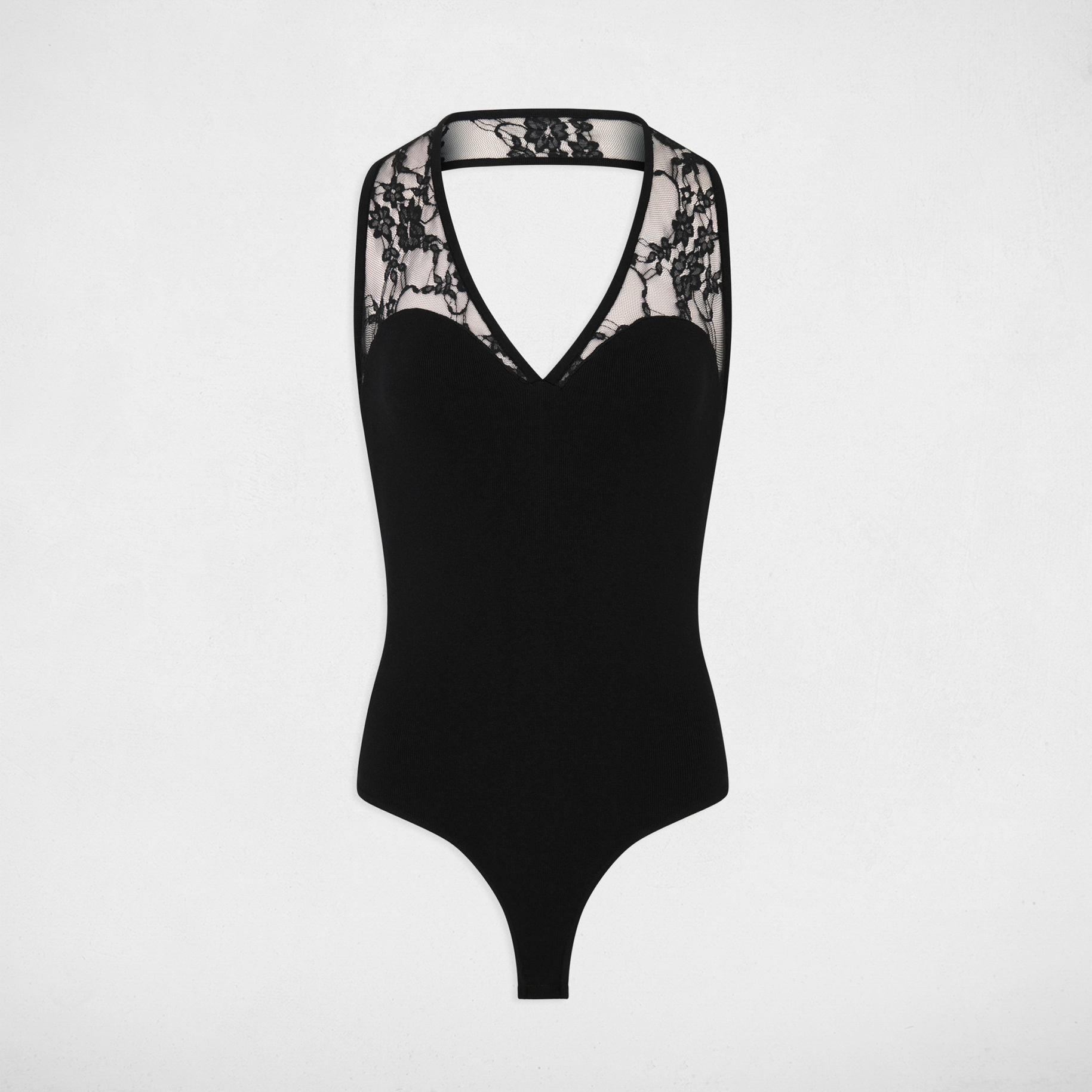 Body de encaje con cuello en v negro mujer