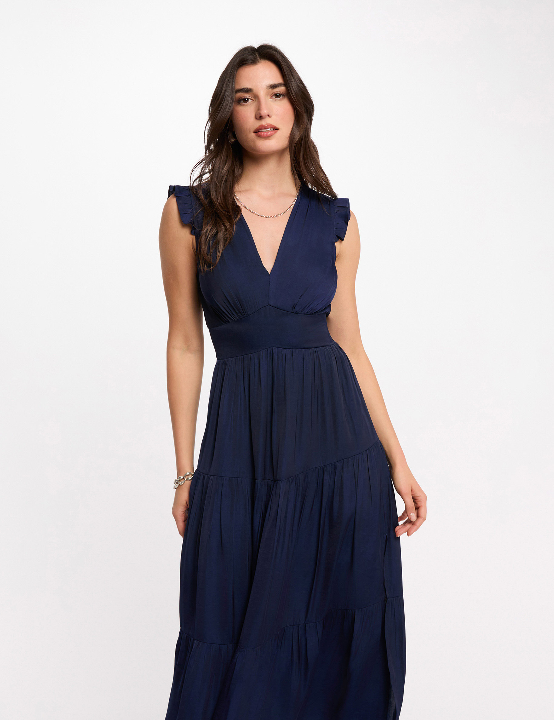 Vestido largo con cuello en V azul marino mujer