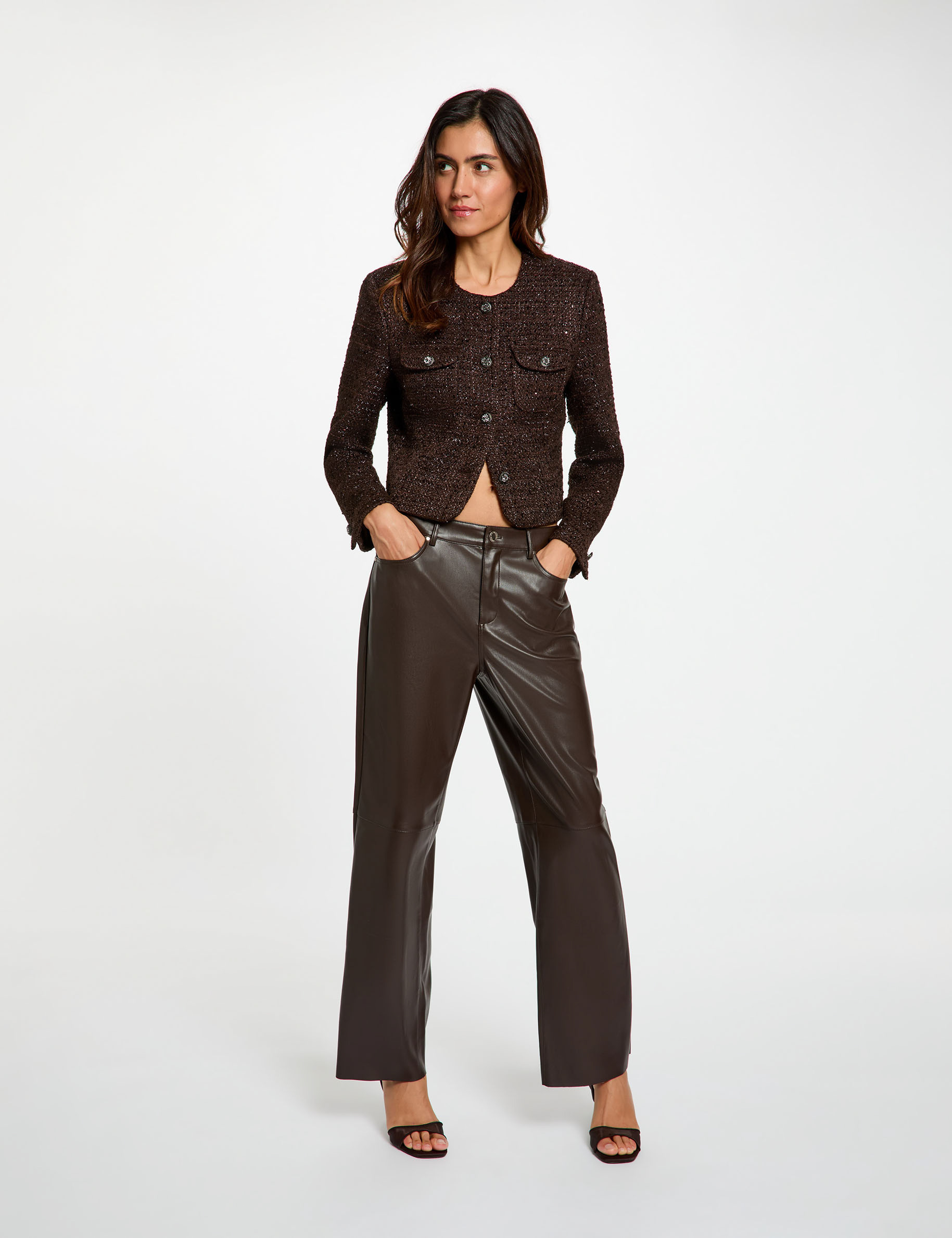Pantal&oacute;n bootcut de cuero sint&eacute;tico marr&oacute;n oscuro mujer