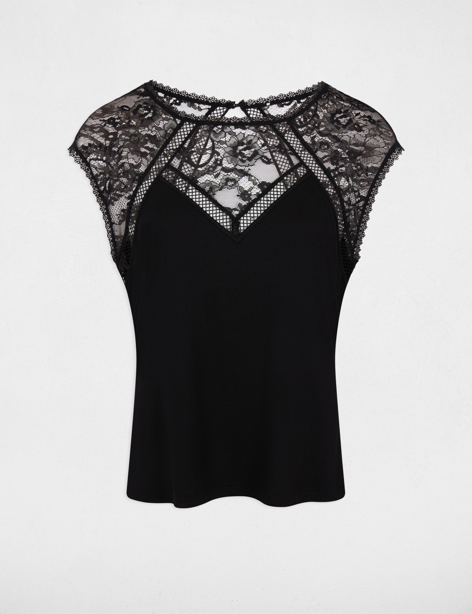 Camiseta de encaje con cuello redondo negro mujer
