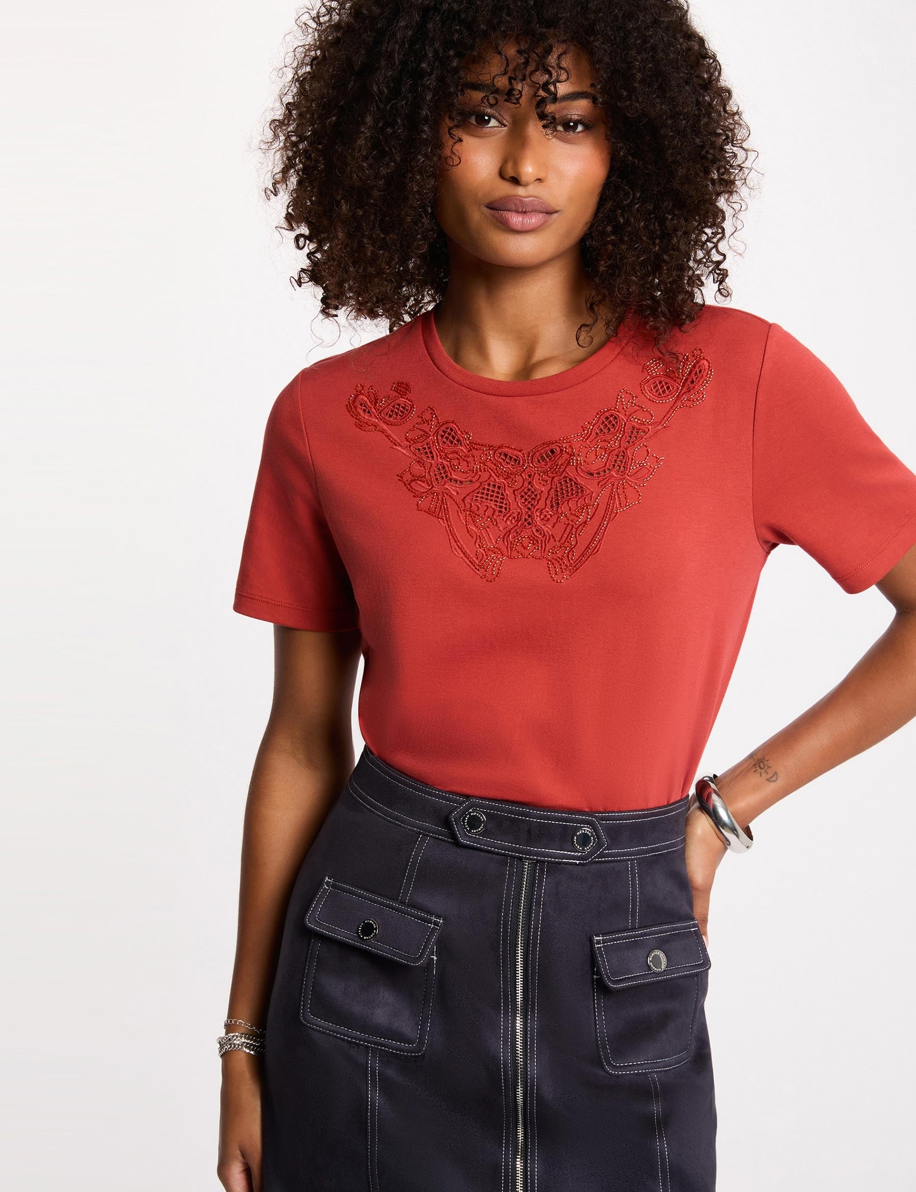 Camiseta de manga corta naranja oscuro mujer