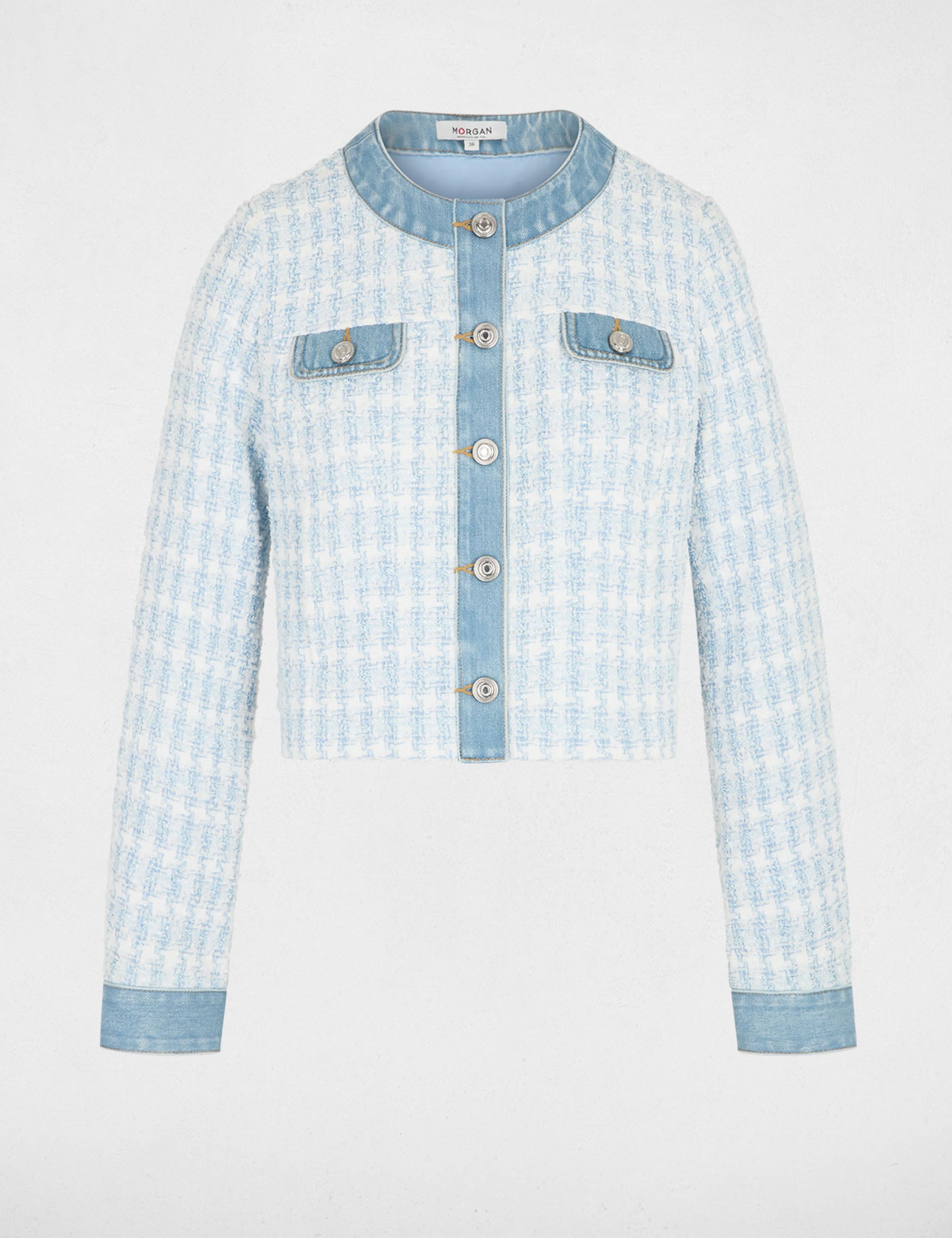 Chaqueta entallada cuello redondo azul cielo mujer